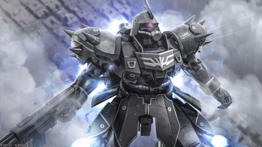 absurdres artist_request beam_rifle building cable cityscape cloud company_name copyright_notice energy_gun flying geara_zulu gundam gundam_battle_operation_2 gundam_unicorn highres holding holding_weapon machinery mecha mecha_focus mobile_suit neo_zeon no_humans official_art one-eyed pink_eyes radio_antenna realistic robot roundel science_fiction shoulder_spikes solo spikes sunrise_(company) thrusters weapon