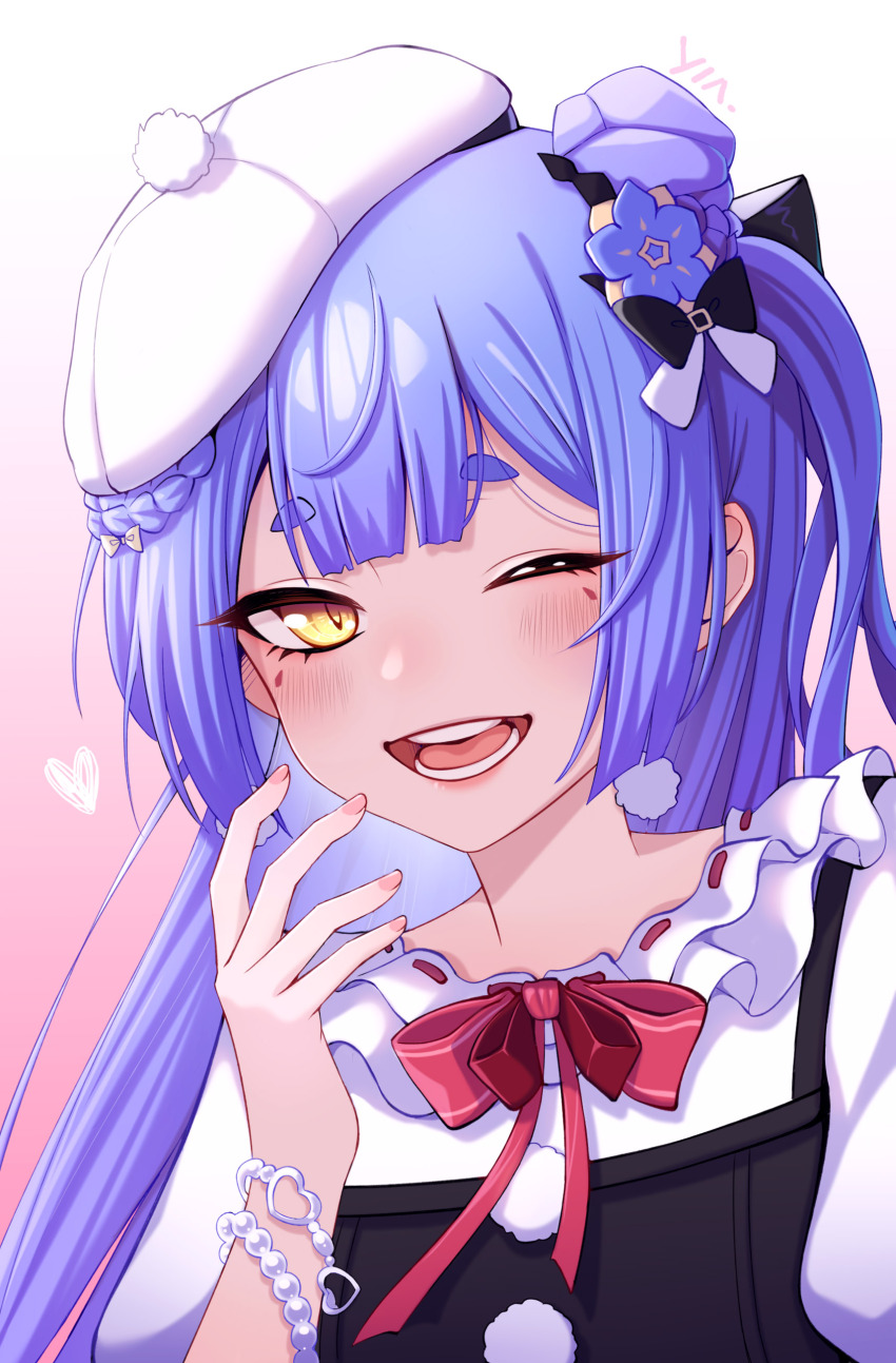1girl absurdres azusa_(vtuber) virtuareal_link beret black_ribbon blue_flower blue_hair chuansongdai dress flower frilled_dress frills gradient_background hair_flower hair_ornament hair_ribbon hand_up hat heart highres long_hair nijisanji one_eye_closed open_mouth painttool_sai_(medium) pinafore_dress pink_background puffy_short_sleeves puffy_sleeves red_ribbon ribbon short_sleeves sleeveless sleeveless_dress solo teeth virtual_youtuber virtuareal white_background white_ribbon yellow_eyes