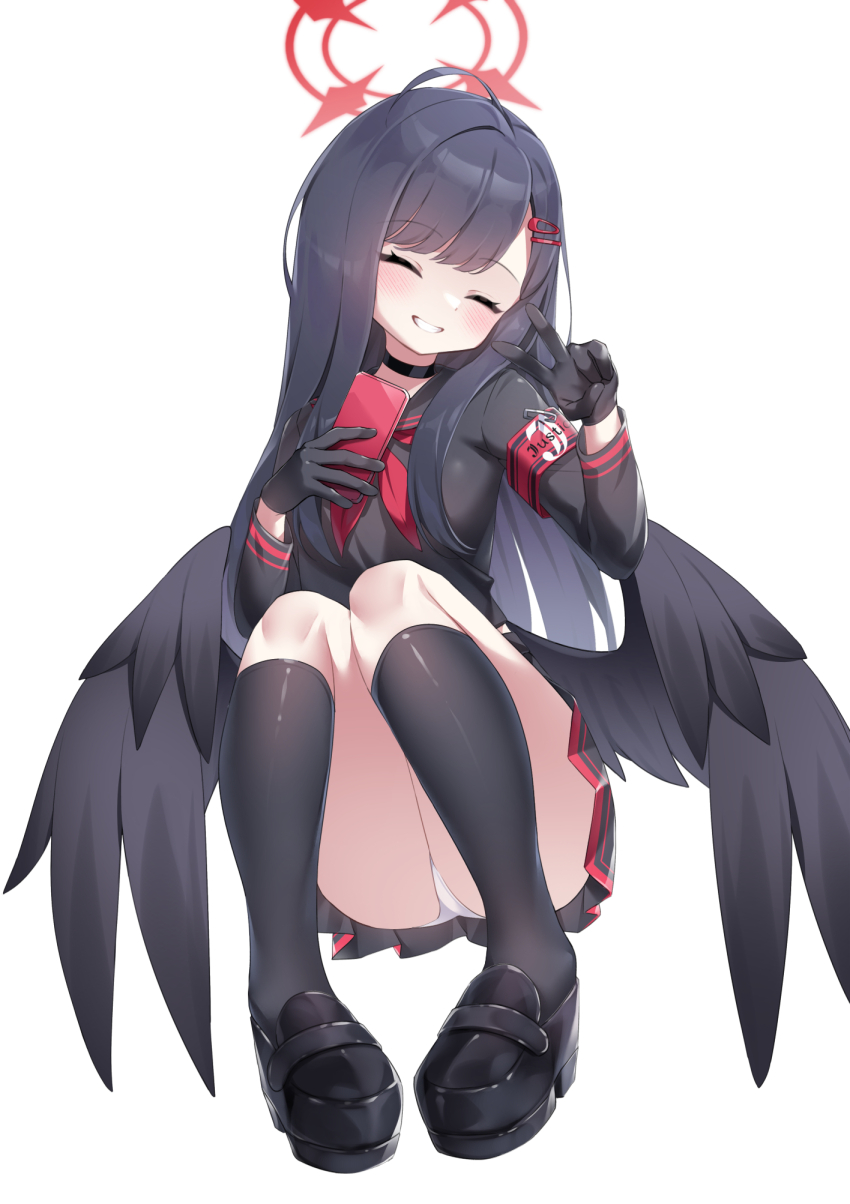 1girl ^_^ armband black_choker black_footwear black_gloves black_hair black_sailor_collar black_serafuku black_shirt black_skirt black_socks black_wings blue_archive blunt_bangs blush choker closed_eyes commentary feathered_wings full_body gloves grin hair_ornament hairclip halo hand_up highres holding holding_phone ichika_(blue_archive) knees_together_feet_apart knees_up long_hair low_wings neckerchief panties pantyshot phone pleated_skirt red_armband red_halo red_neckerchief sailor_collar school_uniform serafuku shirt simple_background sitting skirt smile socks thighs umou_(may65879) underwear v white_background white_panties wings