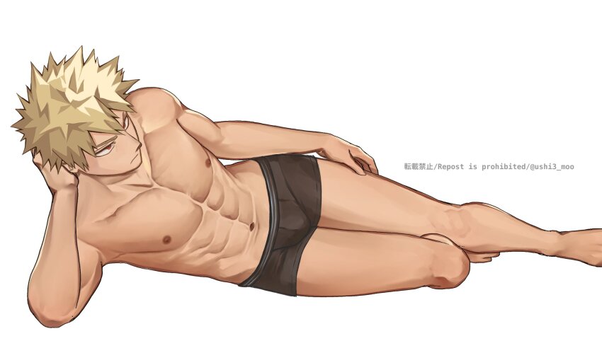 1boy abs bakugou_katsuki bare_legs barefoot blonde_hair boku_no_hero_academia brown_male_underwear closed_mouth feet highres male_focus male_underwear muscular muscular_male navel nipples red_eyes scar short_hair solo spiked_hair stomach toes topless_male underwear ushi3_moo