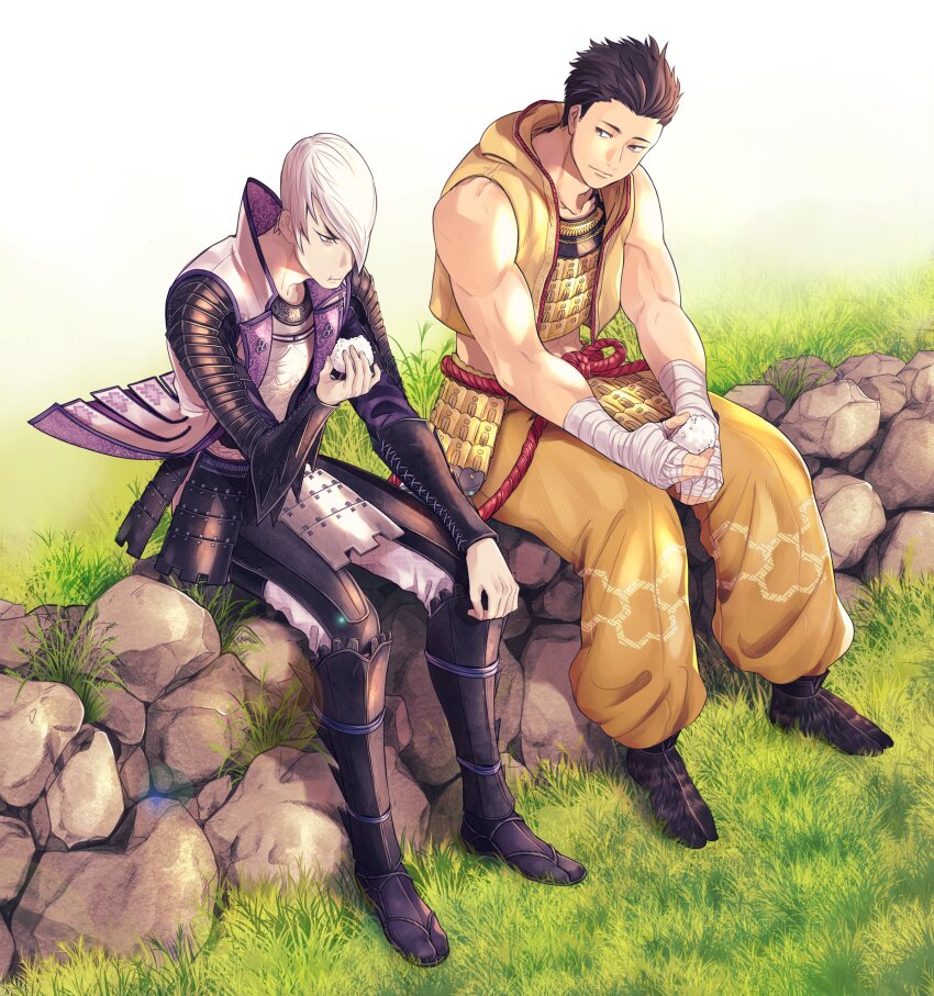 2boys :t absurdres armor bandaged_hand bandages brown_eyes brown_hair cropped_jacket eating food grass green_eyes highres ishida_mitsunari_(sengoku_basara) jacket japanese_armor jinbaori looking_ahead looking_at_another makaron611 male_focus multiple_boys onigiri pants sengoku_basara sitting smile tokugawa_ieyasu_(sengoku_basara) v-shaped_eyebrows white_background white_hair yellow_jacket yellow_pants