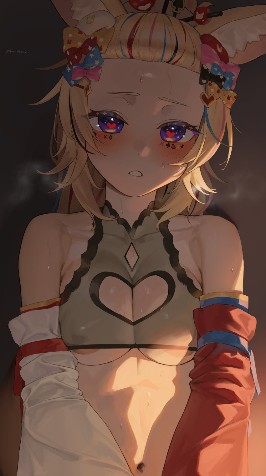 1girl absurdres animal_ear_fluff animal_ears areola_slip bangs_pinned_back bare_shoulders black_hair blonde_hair blush bow bra breasts breath cleavage cleavage_cutout clothing_cutout commentary detached_sleeves facial_mark fox_ears fox_girl frikulu hair_bow heart heart-shaped_pupils heart_cutout highres hololive long_hair looking_at_viewer mark_under_eye medium_breasts multicolored_hair multiple_hair_bows navel official_alternate_hairstyle omaru_polka omaru_polka_(new_year) paid_reward_available parted_lips pink_hair purple_eyes red_sleeves solo straight-on streaked_hair symbol-shaped_pupils underboob underwear upper_body virtual_youtuber white_sleeves wide_sleeves