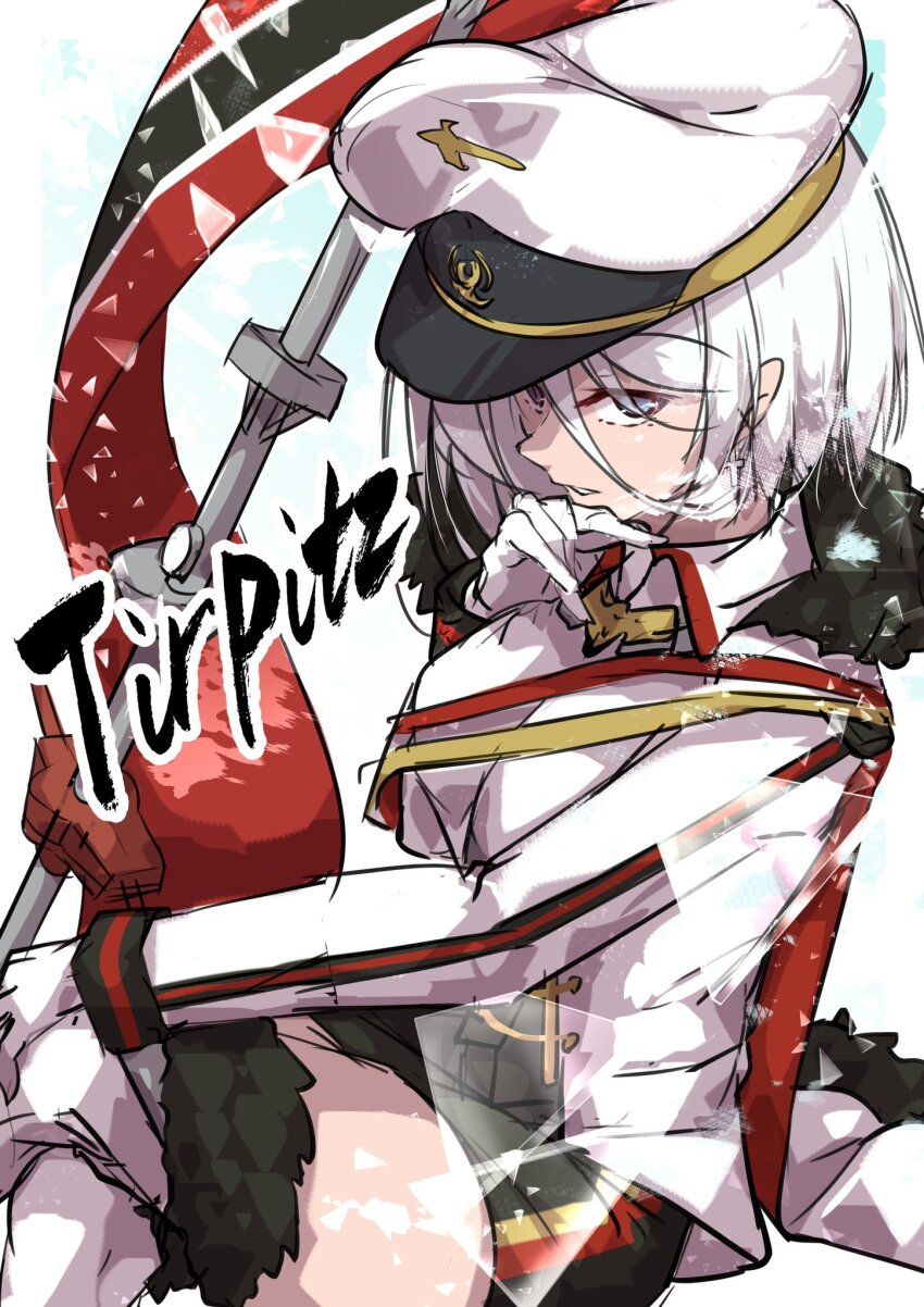 1girl azur_lane banner blue_eyes character_name crossed_legs gloves hat highres holding_banner long_bangs long_sleeves looking_at_viewer military_uniform oriue_wato peaked_cap short_hair sitting solo tirpitz_(azur_lane) white_gloves white_hair white_hat