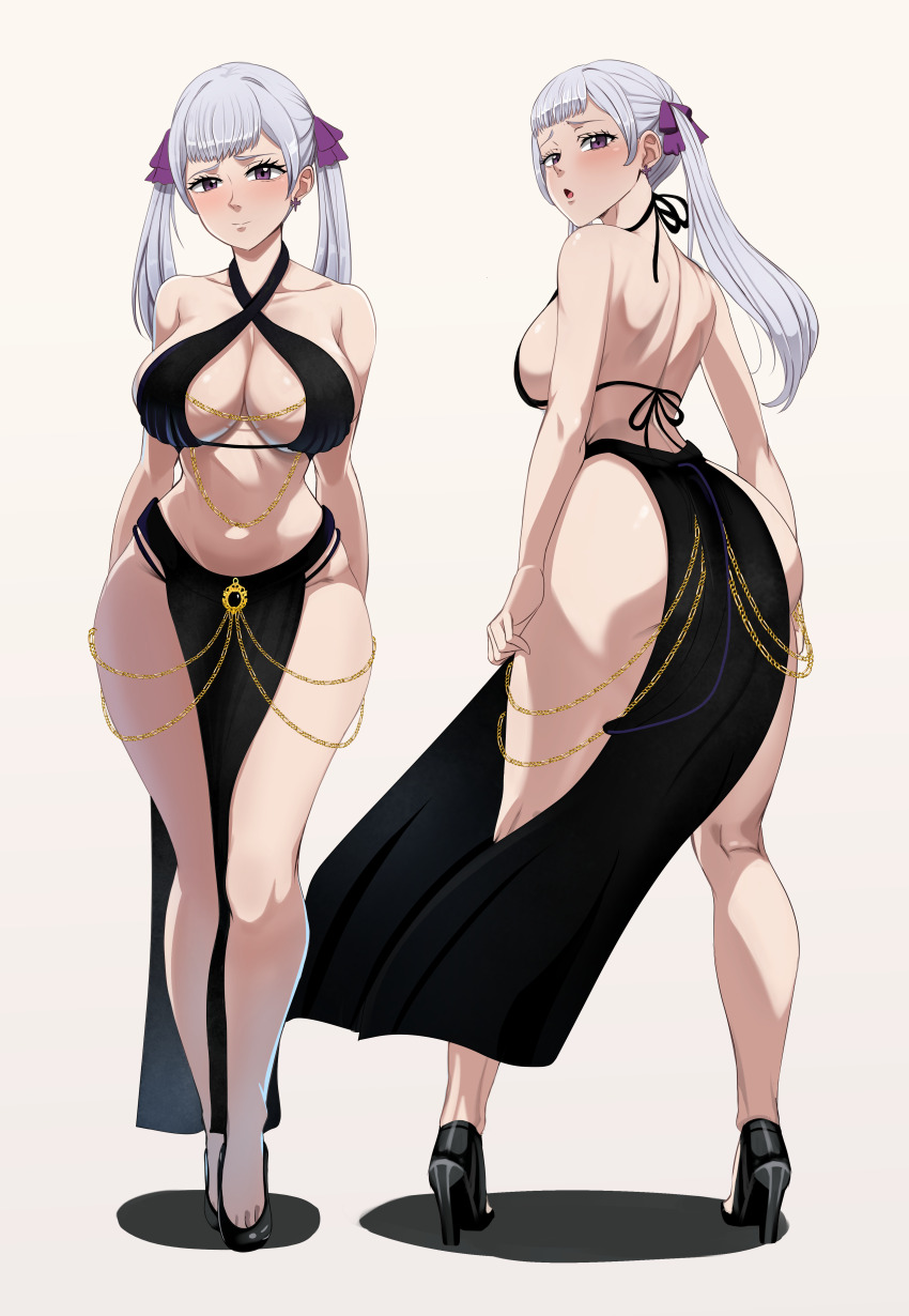 1girl absurdres ass back bare_shoulders black_clover breasts cleavage curvy dress from_behind high_heels highres huge_ass huge_breasts large_breasts legs looking_at_viewer looking_back midriff no_bra no_panties noelle_silva presenting purple_eyes revealing_clothes shiny_skin silver_hair standing the_amazing_gambit thick_thighs thighs twintails white_background wide_hips yomorio_lingerie