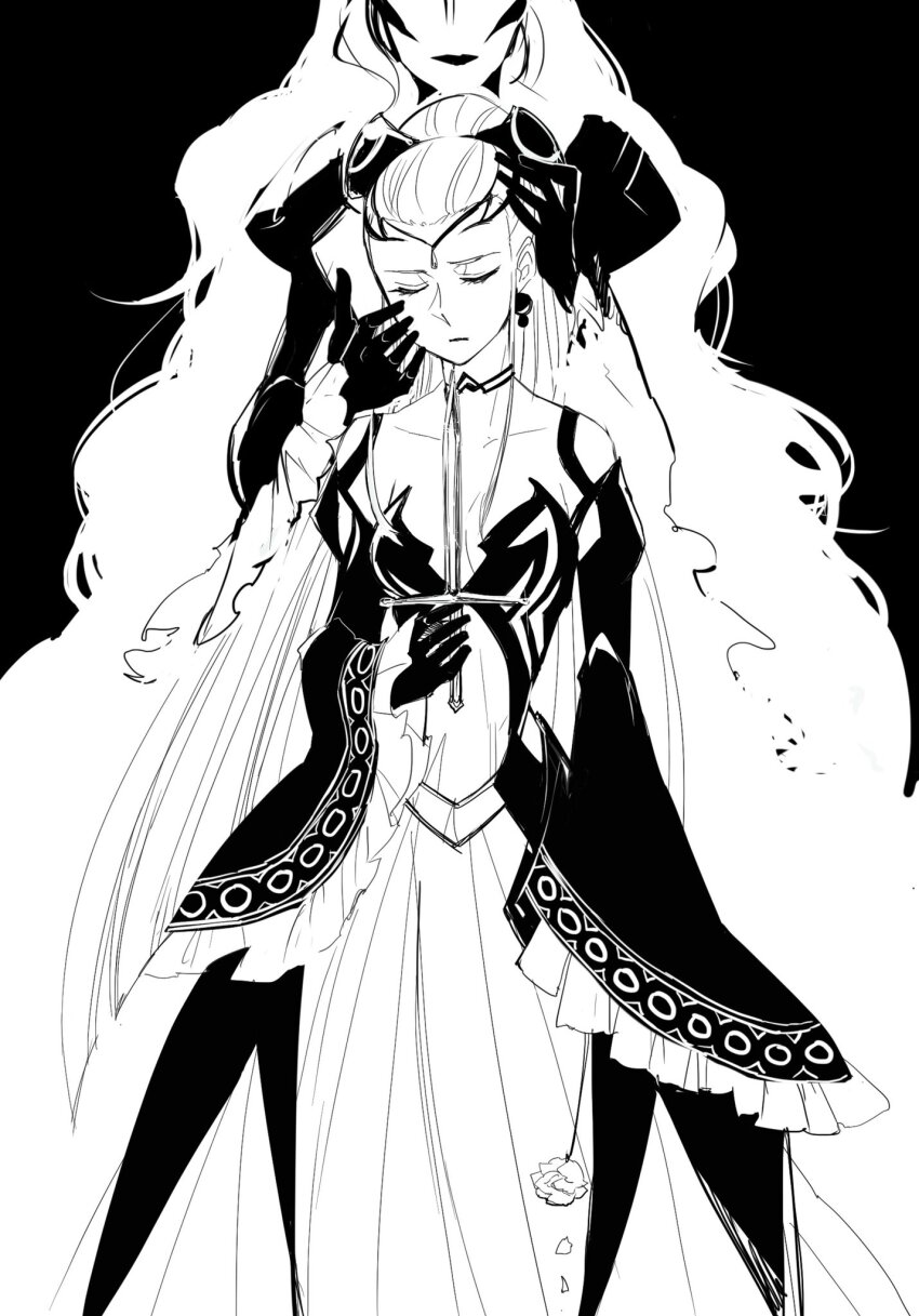2girls black_dress black_tiara choker dagger dress earrings eir_(fire_emblem) fire_emblem fire_emblem_heroes greyscale hel_(fire_emblem) high_ponytail highres holding holding_dagger holding_knife holding_weapon jewelry knife mamegohan monochrome multiple_girls nintendo pale_skin ponytail tiara weapon
