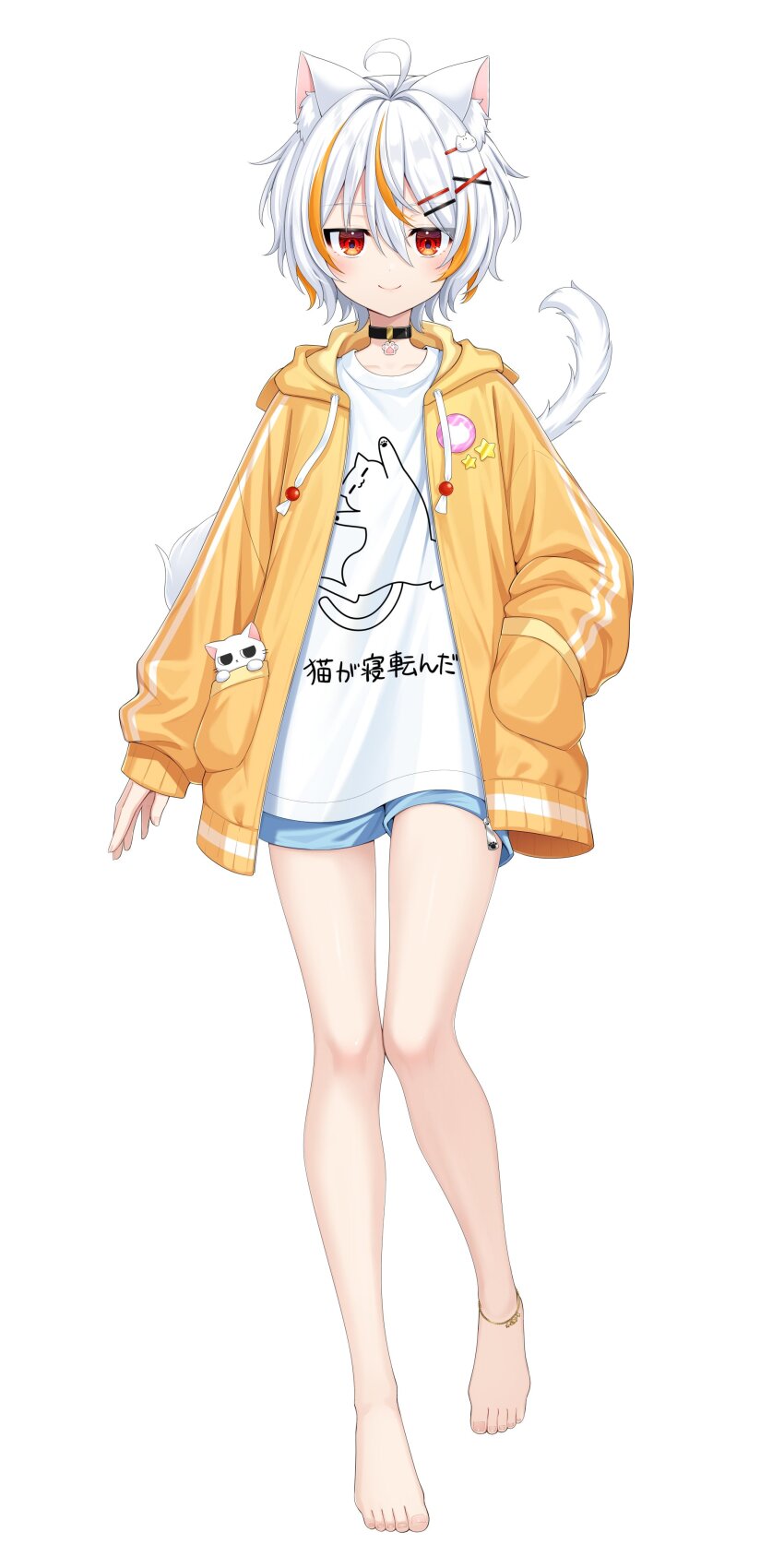 1boy absurdres alice_nova animal animal_ear_hood animal_ears animal_in_clothes animal_print anklet ayumi_(as0206) bare_legs barefoot black_choker blue_shorts cat cat_boy cat_ears cat_print cat_tail choker facing_viewer fake_animal_ears full_body hand_in_pocket highres hood hood_down hoodie in_pocket indie_virtual_youtuber jewelry long_sleeves multicolored_hair open_clothes open_hoodie orange_hair orange_hoodie red_eyes second-party_source shirt short_hair short_shorts shorts streaked_hair tail trap two-tone_hair virtual_youtuber white_cat white_hair white_shirt