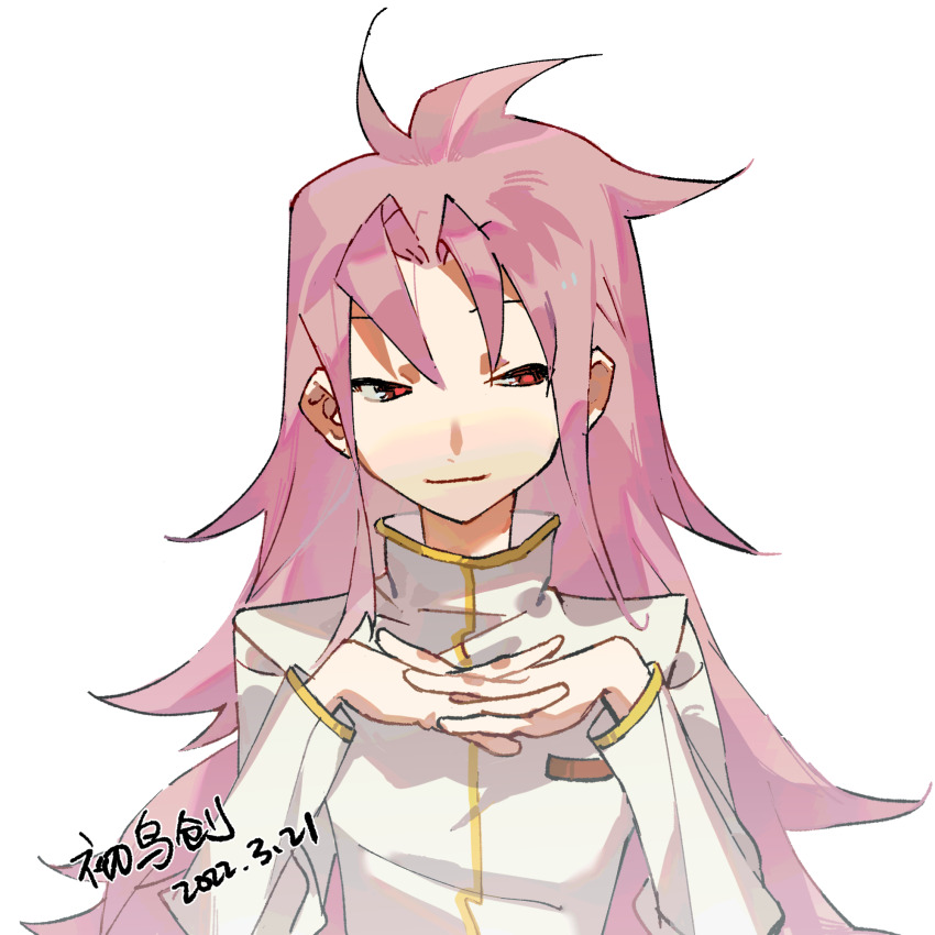 1boy character_name chinese_commentary chuanhua closed_mouth commentary_request dated gold_trim hatsutori_hajime high_collar highres interlocked_fingers long_hair long_sleeves male_focus own_hands_together pink_hair red_eyes saibou_shinkyoku shirt simple_background smile solo upper_body white_background white_shirt