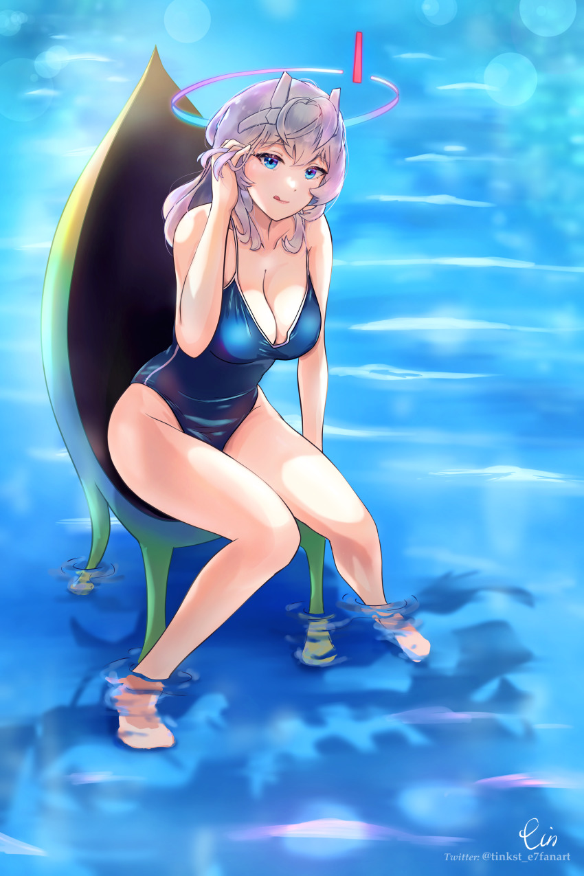 1girl absurdres ahoge android bare_shoulders barefoot belian_(epic_seven) blue_eyes blue_one-piece_swimsuit breasts chair cleavage collarbone epic_seven grey_hair halo hand_on_own_head highres large_breasts lens_flare licking_lips long_hair looking_at_viewer one-piece_swimsuit partially_submerged sidelocks swimsuit tinkst tongue tongue_out water