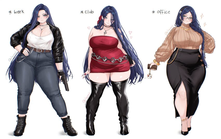 1girl anklet aqua_eyes bag belt black_boots black_gloves black_hair black_hairband black_shoes black_skirt blue_eyes blue_hair boots bracelet braid breasts brown_sweater camisole cat_ornament cellphone chain chain_belt choker cleavage covered_navel cross cross_necklace denim dress earrings english_text fingerless_gloves fingernails flower frown glasses gloves gun hair_flower hair_ornament hair_over_shoulder hair_ribbon hair_tie hairband hand_on_own_hip handbag handgun heart heart_necklace high-waist_pants high_heels highres holding holding_gun holding_phone holding_weapon hoop_earrings jacket jeans jewelry large_breasts leather leather_jacket lips long_fingernails long_hair long_skirt multiple_views necklace open_clothes open_jacket original pants patent_boots patent_heels phone pistol plump red_dress red_nails red_ribbon ribbon ring rose rose_ring shirt shoes single_braid skirt sleeveless sleeveless_dress smartphone smile solo standing strapless strapless_dress sweater thick_thighs thigh_boots thighhighs thighs tifa_(iluvei) very_long_hair weapon white_background white_shirt wide_hips zettai_ryouiki
