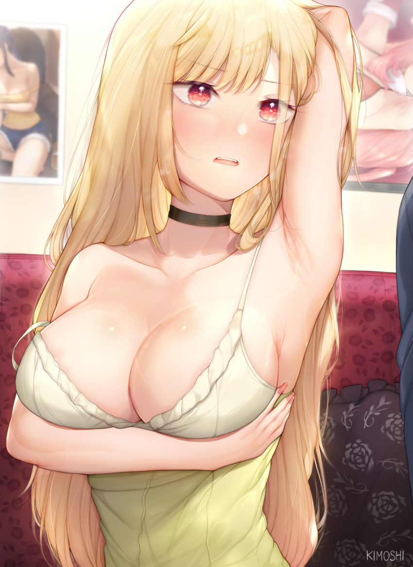 1boy 1girl arm_under_breasts arm_up armpit_lips armpits black_choker blonde_hair blush breasts choker cleavage collarbone highres indoors kimoshi kitagawa_marin large_breasts long_hair parted_lips red_eyes shirt sleeveless sleeveless_shirt solo_focus sono_bisque_doll_wa_koi_wo_suru yellow_shirt