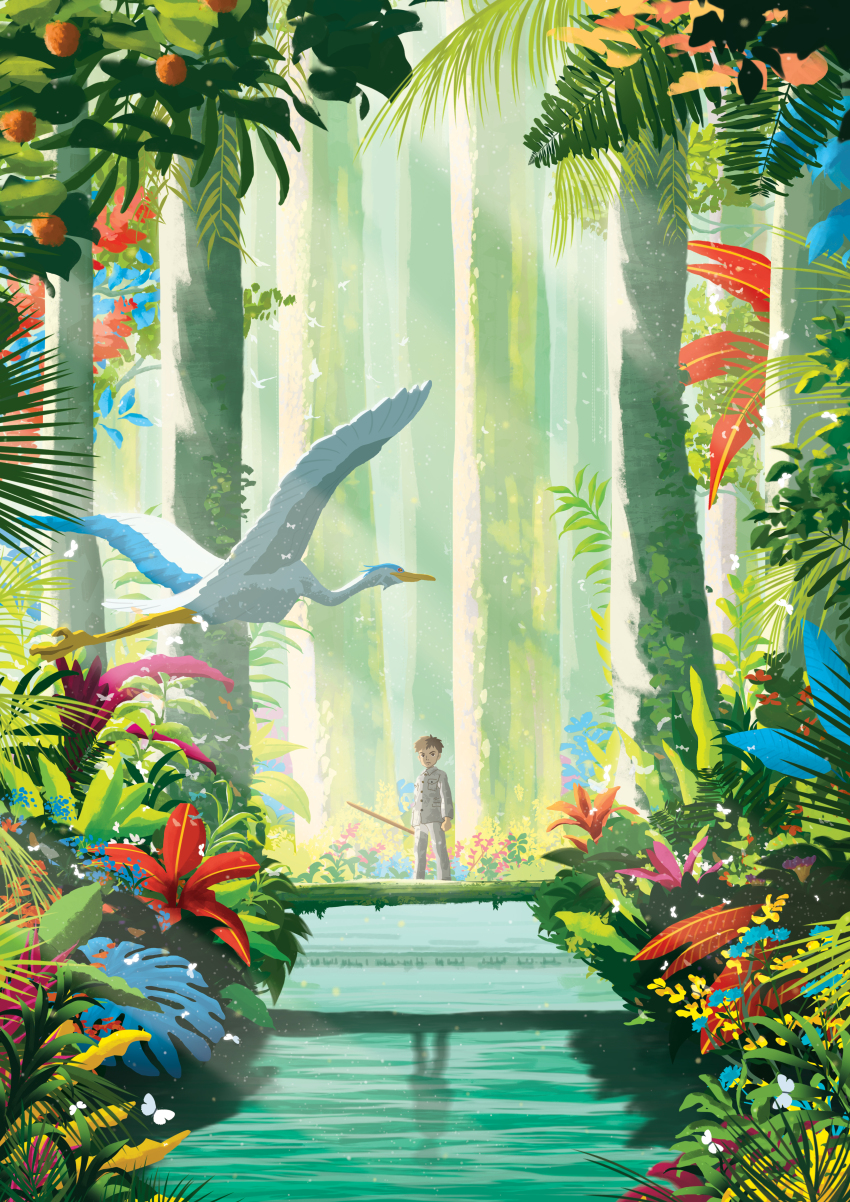 1boy absurdres bird bridge brown_hair bug butterfly day flower grey_shirt highres holding holding_weapon insect kimitachi_wa_dou_ikiru_ka maki_mahito mixed-language_commentary outdoors reflection scenery shirt solo standing sunlight thomasarnaud tree water weapon white_butterfly
