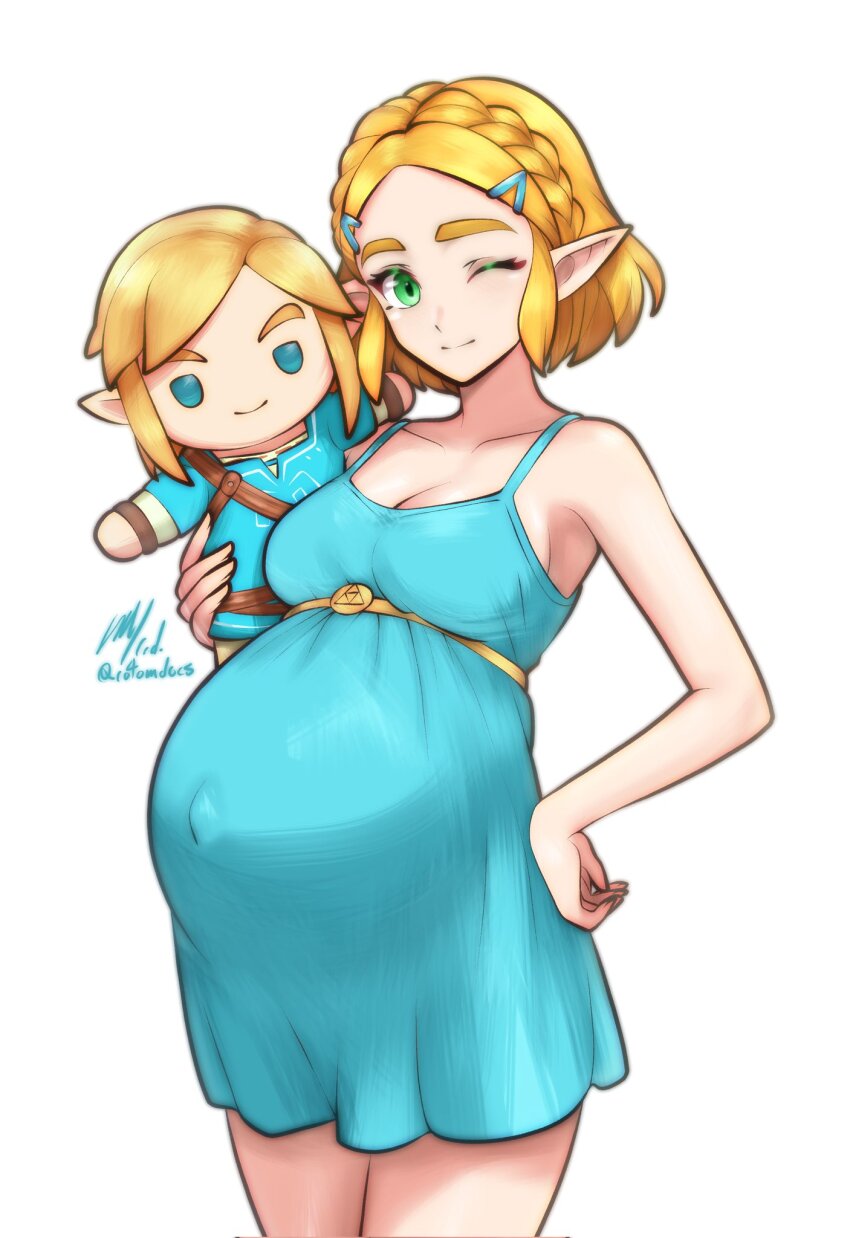 1girl ;) aqua_dress bare_arms bare_shoulders blonde_hair braid breasts character_doll collarbone commentary cowboy_shot crown_braid doll dress english_commentary green_eyes hair_ornament hairclip hand_on_own_hip highres holding holding_doll link looking_at_viewer medium_breasts nintendo one_eye_closed pointy_ears pregnant princess_zelda rotomdocs short_hair signature simple_background sleeveless sleeveless_dress smile solo standing swimsuit the_legend_of_zelda the_legend_of_zelda:_tears_of_the_kingdom twitter_username white_background