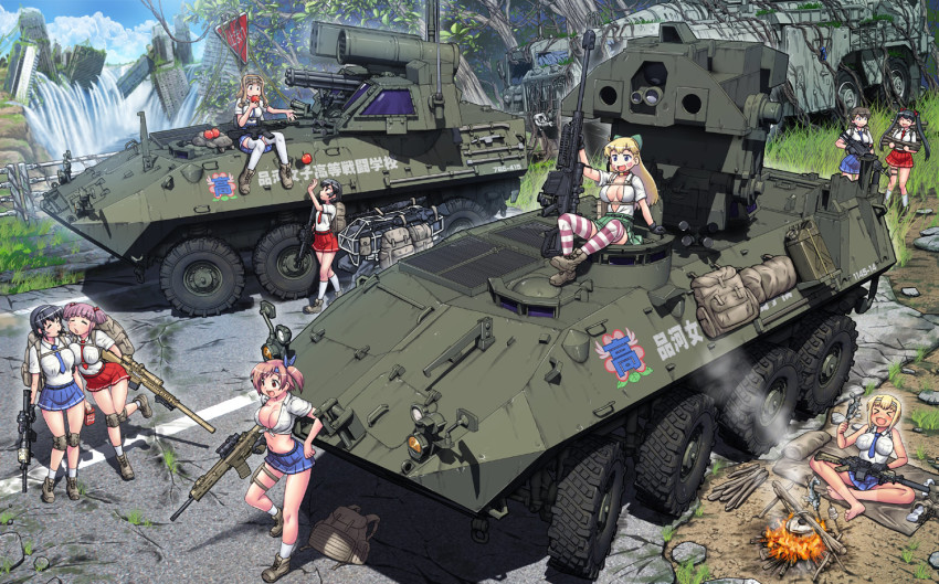 ^_^ adaptive_combat_rifle amphibious_vehicle anti-materiel_rifle apple armored_fighting_vehicle armored_personnel_carrier armored_reconnaissance armored_vehicle assault_rifle autocannon backpack bag barefoot barrett_m82 black_hair blonde_hair blue_eyes blue_sky blush_stickers boots bow breasts brown_eyes brown_hair building campfire cannon cleavage closed_eyes cloud collar collared_shirt cooking eating food front-tie_top fruit gatling_gun gau-12_equalizer grass gun hair_bow hase_yu headband indian_style jerry_can knee_pads large_breasts lav-25 lav-ad lav-at light_machine_gun log m249_saw m60_(machine_gun) machine_gun man-portable_air-defense_system midriff miniskirt missile_launcher missile_pod motor_vehicle multiple-barrel_gun navel necktie original pink_hair post-apocalypse pouch reconnaissance_vehicle rifle rotary_cannon ruins scout_car shirt sitting skirt sky sleeping_bag sleeveless sleeveless_shirt small_breasts smoke sniper_rifle thighhighs translation_request turret twintails unworn_boots water waterfall weapon zettai_ryouiki