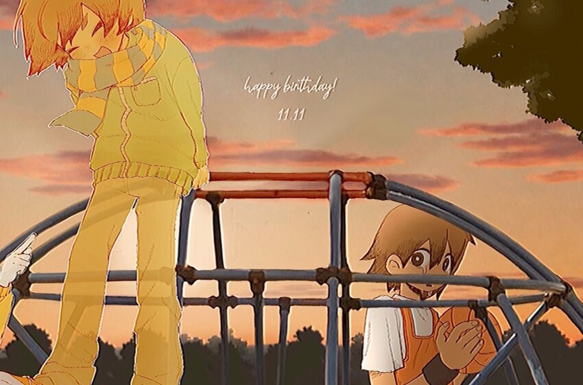 2boys aged_down alternate_costume ball basketball_(object) brown_eyes brown_hair brown_pants crying crying_with_eyes_open dark-skinned_male dark_skin dated happy_birthday highres holding holding_ball jungle_gym kel_(faraway)_(omori) kel_(omori) multiple_boys omori orange_shoes outdoors pants scarf shirt shoes short_hair short_sleeves sneakers striped_clothes striped_scarf sunset t-shirt tate_ware_anal tears tree white_shirt