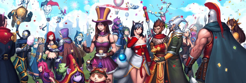6+boys 6+girls absurdres ahri_(league_of_legends) akali akali_(legacy) amumu animal_ears annie_(league_of_legends) ashe_(league_of_legends) balloon battle_bunny_riven breasts cain_(grt1125) caitlyn_(league_of_legends) cleavage cloud corki cupcake darius_(league_of_legends) day dr._mundo closed_eyes ezreal fiddlesticks fizz_(league_of_legends) food garen_(league_of_legends) gragas hat highres jayce_(league_of_legends) katarina_(league_of_legends) kennen league_of_legends lee_sin leona_(league_of_legends) lulu_(league_of_legends) malzahar master_yi medium_breasts middle_finger midriff multiple_boys multiple_girls nautilus_(league_of_legends) navel open_mouth pantheon_(league_of_legends) pix_(league_of_legends) riven_(league_of_legends) shaco shen_(league_of_legends) skirt sky sona_(league_of_legends) talon_(league_of_legends) teemo viktor_(league_of_legends) wukong_(league_of_legends) yordle zac_(league_of_legends) zed_(league_of_legends)