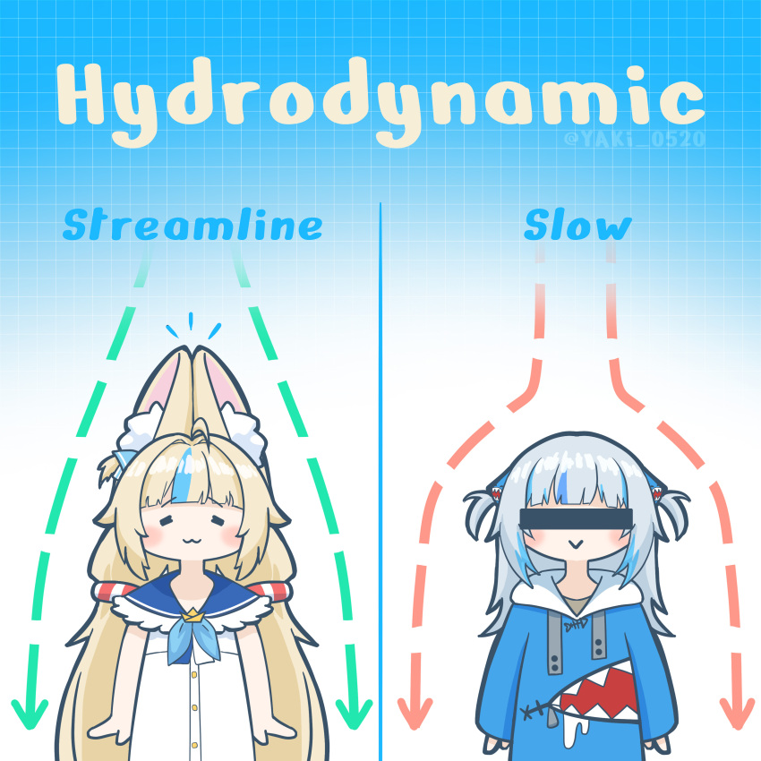 2girls :&gt; :3 =_= absurdres ahoge animal_costume animal_ear_fluff animal_ears arrow_(symbol) artist_name blonde_hair blue_background blue_hair blue_hoodie blue_streaks blunt_bangs blush cat_ears censored censored_identity commentary drawstring dress english_commentary english_text fish_girl gawr_gura gawr_gura_(1st_costume) gradient_background grey_hair hair_ornament highres hololive hololive_english hood hoodie indie_virtual_youtuber long_hair low_twintails multicolored_hair multiple_girls one_side_up sameko_saba shark_costume shark_girl shark_hair_ornament standing straddling streaked_hair twintails twitter_username two_side_up very_long_hair virtual_youtuber voice_actor_connection white_background white_dress yaki_0520