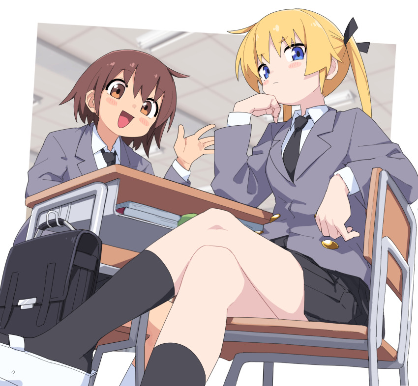 2girls :d black_bag black_necktie black_ribbon black_skirt black_socks blonde_hair blue_eyes blurry blurry_background blush_stickers brown_eyes brown_hair chair classroom crossed_legs desk elbow_rest from_below grey_jacket hair_ribbon hand_up head_rest highres indoors jacket kill_me_baby lapels legs long_hair long_sleeves looking_at_viewer miniskirt multiple_girls necktie notched_lapels on_chair open_mouth oribe_yasuna pleated_skirt ribbon school school_desk school_uniform shoes short_hair sitting skirt smile socks sonya_(kill_me_baby) twintails v-shaped_eyebrows white_background white_footwear yachima_tana