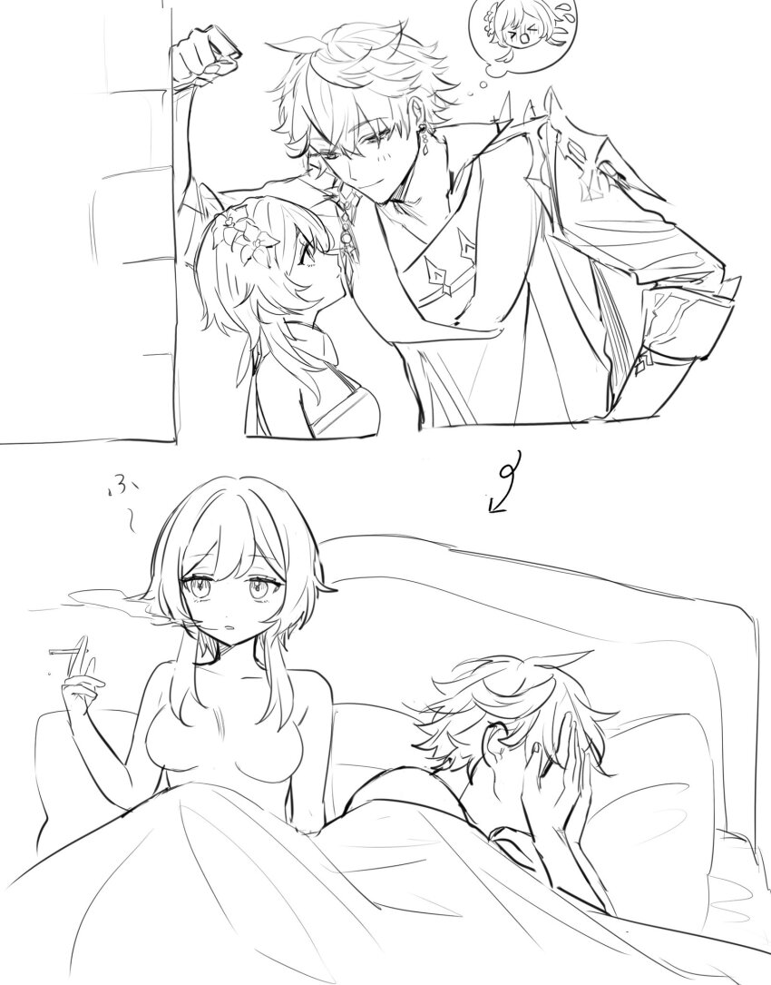 &gt;_&lt; 1boy 1girl aftersex arrow_(symbol) bed blush breasts cigarette closed_mouth commentary_request covering_own_eyes earrings flower flying_sweatdrops genshin_impact greyscale hair_between_eyes hair_flower hair_ornament hetero highres holding holding_cigarette jacket jewelry lumine_(genshin_impact) medium_breasts monochrome multiple_views nude open_mouth pillow ruined_for_marriage scarf single_earring smoke smoking spoken_expression tartaglia_(genshin_impact) umenoume under_covers