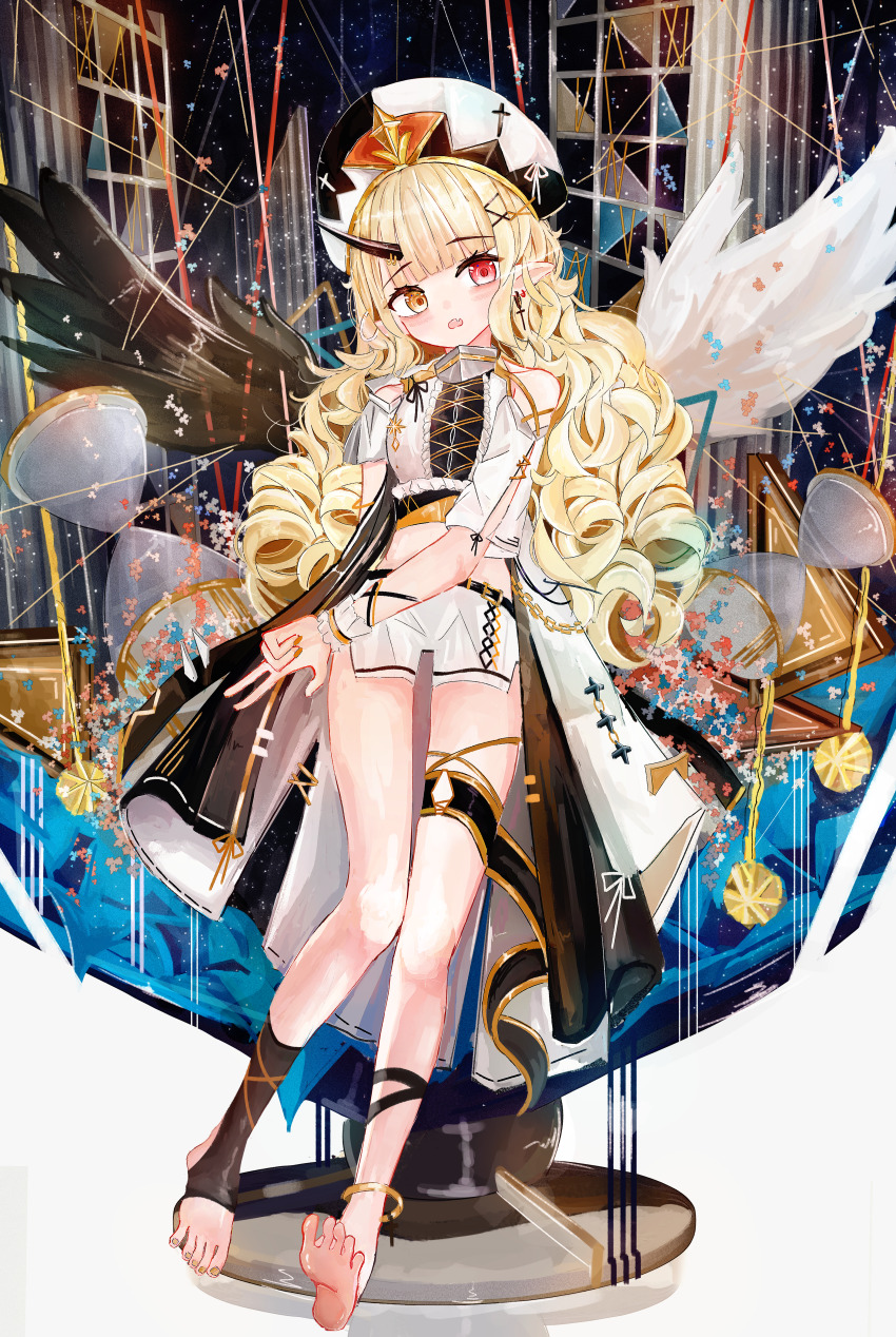 1girl absurdres aiu_. asymmetrical_wings bare_legs barefoot black_horns black_wings blonde_hair character_request copyright_request drill_hair fang feathered_wings heterochromia highres horns long_hair mismatched_wings open_mouth pointy_ears revision shorts single_horn skin_fang soles solo stirrup_legwear toeless_legwear toes wings