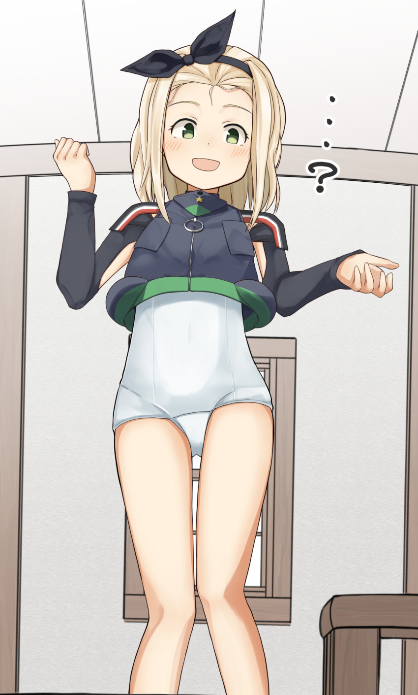 ...? 1girl ? black_hairband blonde_hair blush brushing_hair brushing_hair green_eyes hairband highres i-504_(kancolle) indoors kantai_collection long_sleeves luigi_torelli_(kancolle) medium_hair one-piece_swimsuit open_mouth solo swimsuit uit-25_(kancolle) white_one-piece_swimsuit window yotubawatane