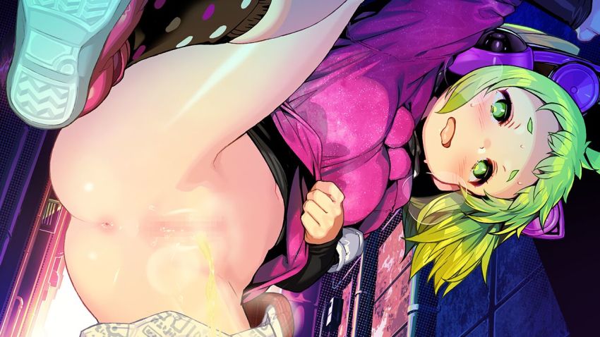 1girl ahoge animal_ear_headphones antenna_(dohna_dohna) anus blush bottomless cat_ear_headphones censored dohna_dohna_issho_ni_warui_koto_o_shiyou fake_animal_ears game_cg green_eyes green_hair headphones peeing pussy short_eyebrows short_hair