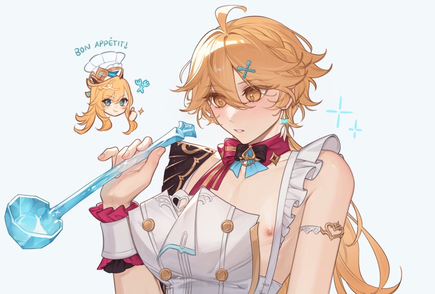 1boy 1girl aether_(genshin_impact) ahoge alternate_hairstyle bare_shoulders blonde_hair blue_eyes blush bow braid brown_eyes buttons chef_hat closed_mouth commentary cosplay crossdressing dress earrings english_commentary english_text escoffier_(genshin_impact) escoffier_(genshin_impact)_(cosplay) fingernails fork fork_hair_ornament frills genshin_impact hair_between_eyes hair_ornament hand_up hat hat_ornament heart_ornament highres holding huge_ahoge jewelry long_hair looking_at_viewer looking_down nipples pink_bow sidelocks simple_background single_earring sleeveless sleeveless_dress smile sparkle striped_bow suspicious_dish teeth thumbs_up upper_body white_background white_dress white_hat wrist_cuffs