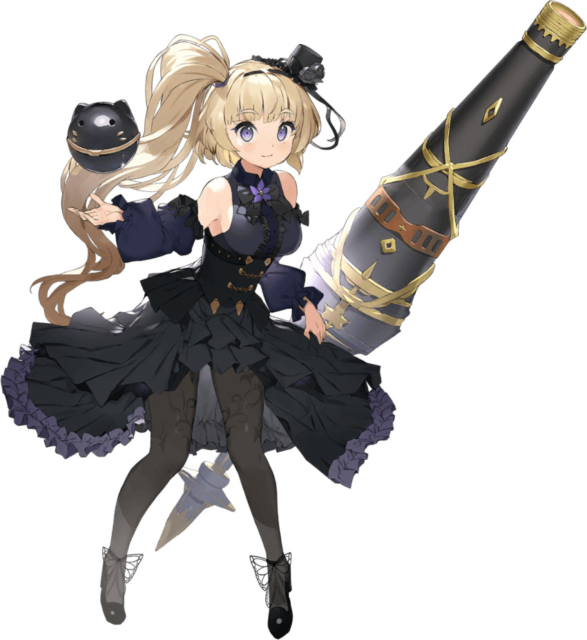 1girl armpits bare_shoulders black_hat black_ribbon blonde_hair blush breasts closed_mouth detached_sleeves dress full_body girls_creation hat high_heels highres large_breasts long_hair looking_at_viewer manet_(girls_creation) nauribon pigeon-toed purple_eyes ribbon side_ponytail simple_background smile solo standing tachi-e thighhighs transparent_background very_long_hair