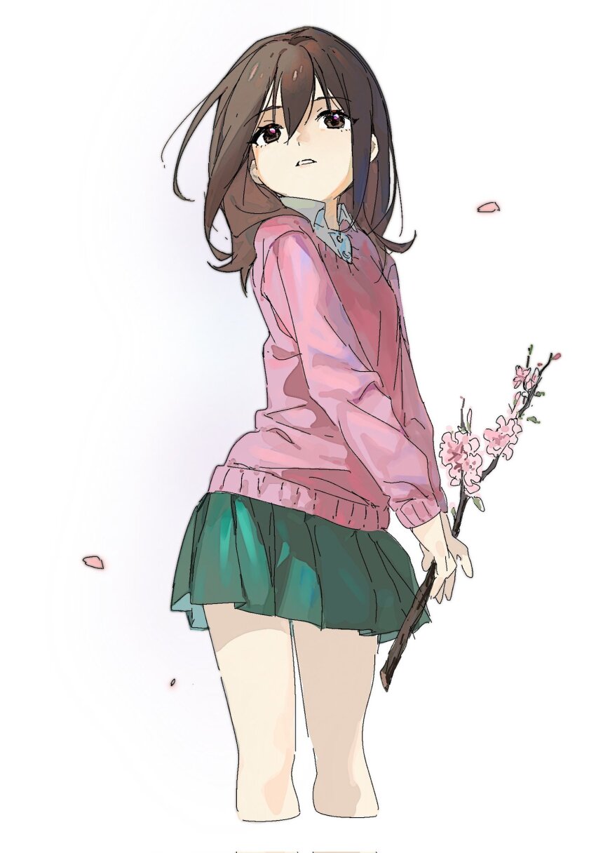 1girl branch brown_eyes brown_hair cherry_blossoms collared_shirt cropped_legs expressionless falling_petals fengji_(maple_fengji) green_skirt highres holding holding_branch kogoori_natsumi long_sleeves looking_at_viewer medium_hair miniskirt parted_lips petals pink_sweater pleated_skirt school_uniform shigatsu_youka shirt simple_background skirt solo standing sweater two-handed v_arms white_background white_shirt
