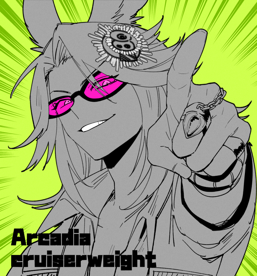 1boy animal_ears dancing_green final_fantasy final_fantasy_xiv fosaster_fenrir green_background greyscale_with_colored_background grin highres jacket jewelry looking_at_viewer male_focus medium_hair motion_lines pink-tinted_eyewear pointing pointing_at_viewer portrait rabbit_boy rabbit_ears ring smile solo spot_color sunglasses tinted_eyewear viera