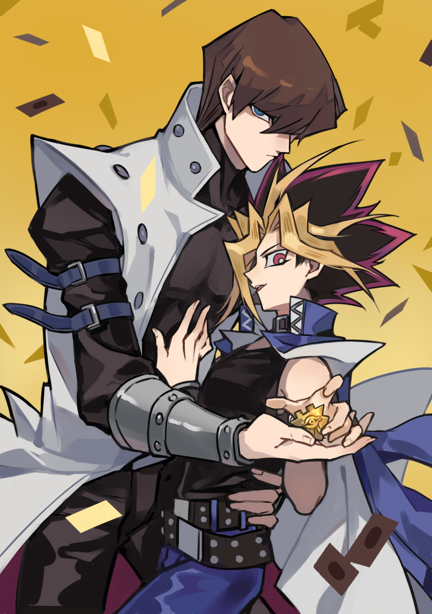 2boys absurdres arm_behind_another&#039;s_back belt belt_buckle black_belt black_bodysuit black_choker black_shirt blonde_hair blue_eyes blue_jacket blue_pants bodysuit brown_hair buckle card choker coat colored_bangs eye_of_horus gradient_background highres jacket jingshen_fensui kaiba_seto looking_at_viewer male_focus millennium_puzzle multicolored_hair multiple_boys open_clothes open_jacket pants red_eyes saka_nagiya shirt simple_background sleeveless sleeveless_coat sleeveless_shirt spiked_hair white_coat yami_yugi yaoi yellow_background yu-gi-oh! yu-gi-oh!_duel_monsters