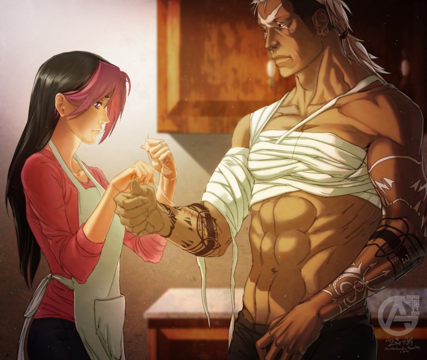 1boy 1girl abs apron bandages dark-skinned_male dark_skin colored_bangs fullmetal_alchemist highres multicolored_hair muscular needle ponytail purple_eyes red_eyes redchinese rose_thomas rose_tomas scar scar_(fma) stitches tattoo watermark
