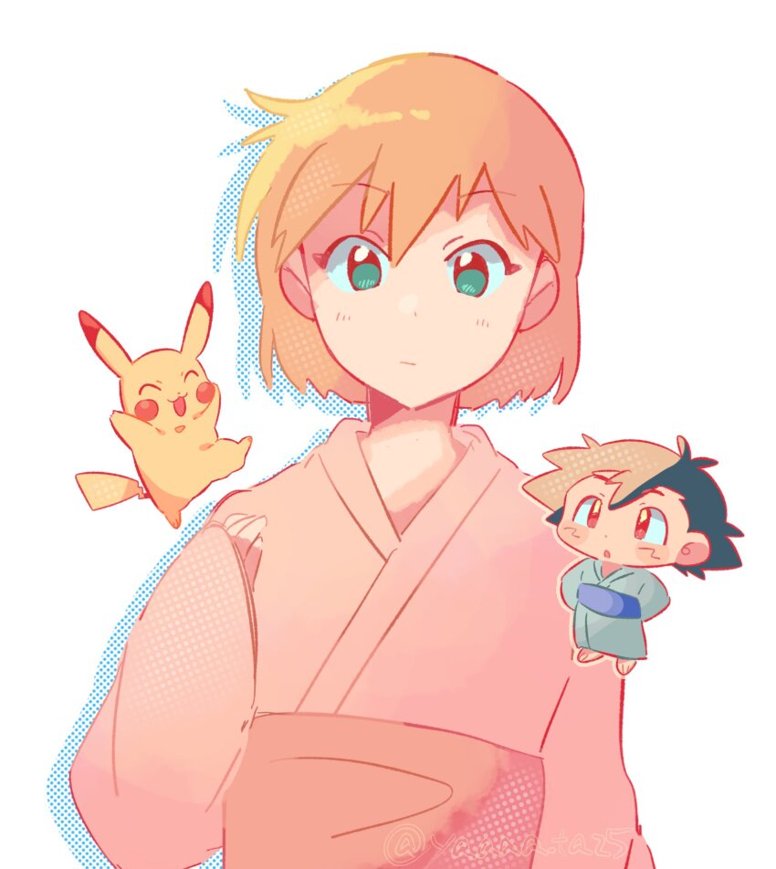 1boy 1girl :o alternate_costume ash_ketchum asymmetrical_hair black_hair blonde_hair blush chibi closed_mouth eyelashes gen_1_pokemon green_eyes gym_leader highres japanese_clothes kimono looking_at_viewer misty_(pokemon) nintendo open_mouth orange_hair pikachu pink_kimono pokemon pokemon_(anime) pokemon_(classic_anime) pokemon_rgby ponytail robe sash shirt short_hair side_ponytail smile