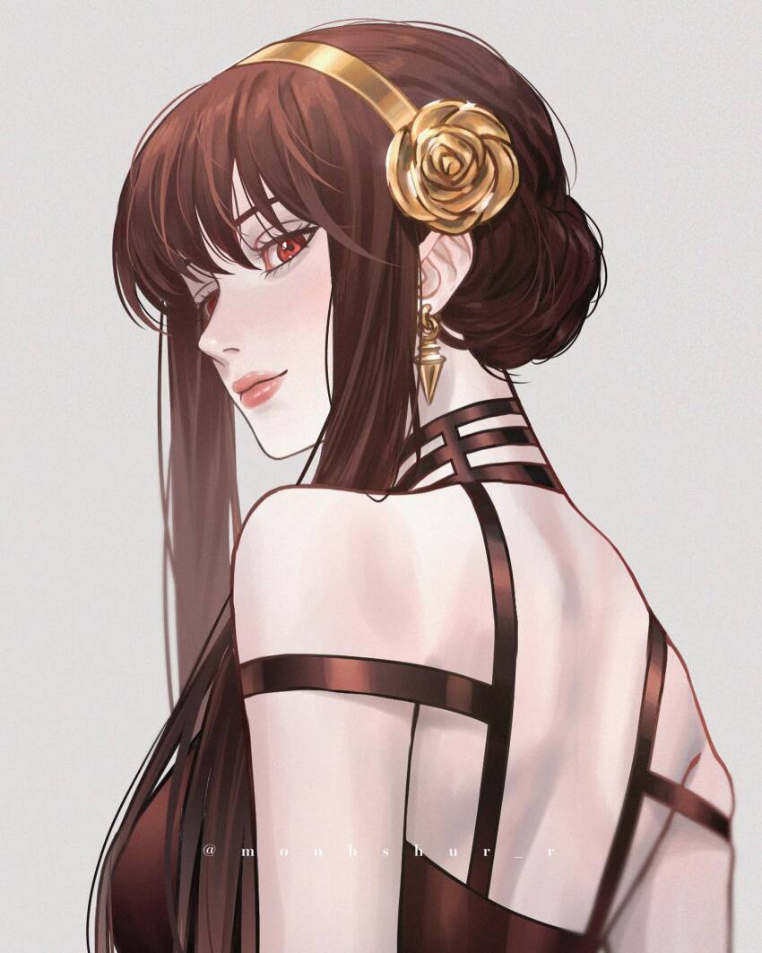 1girl bare_shoulders black_hair breasts commentary earrings from_side gold_earrings gold_hairband hairband highres instagram_username jewelry large_breasts long_bangs long_sidelocks looking_at_viewer monhshur_r pink_lips red_eyes sidelocks smile solo spy_x_family yor_briar