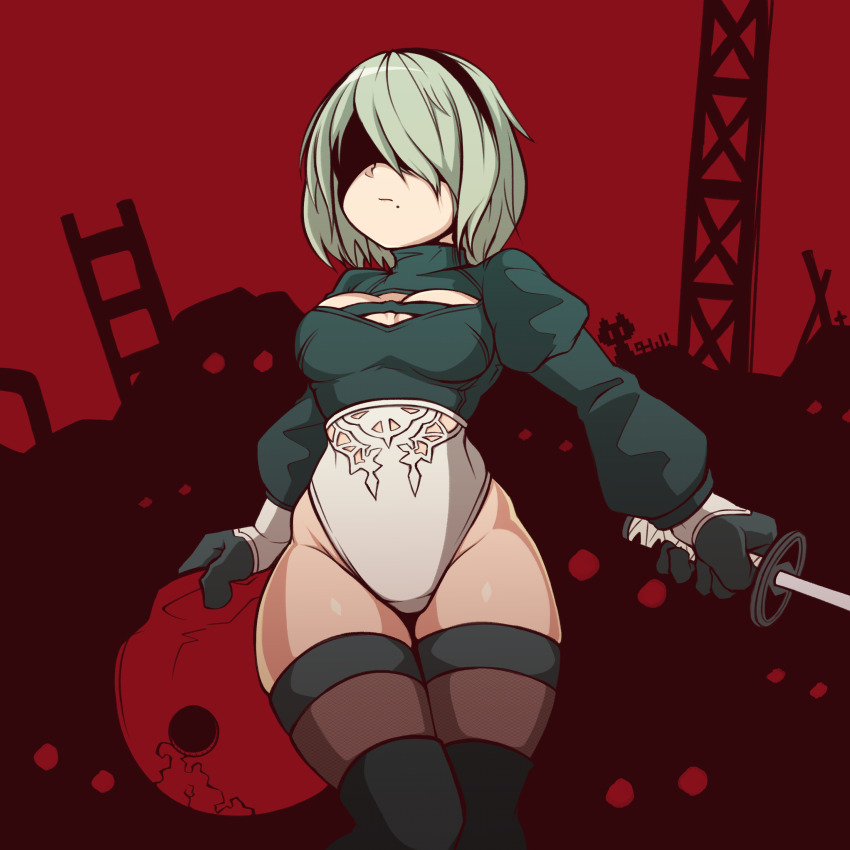 1girl 2b_(nier:automata) absurdres black_gloves black_hairband blindfold breasts cleavage cleavage_cutout closed_mouth clothing_cutout gloves grey_hair hairband highleg highleg_leotard highres hip_bones holding holding_sword holding_weapon juliet_sleeves katana left-handed leotard long_sleeves machine_(nier) medium_breasts mole mole_under_mouth nier:automata nier_(series) puffy_sleeves purple_thighhighs red_background sakumochi_(pixiv4431677) short_hair skindentation solo standing sword thighhighs thighs turtleneck weapon white_leotard