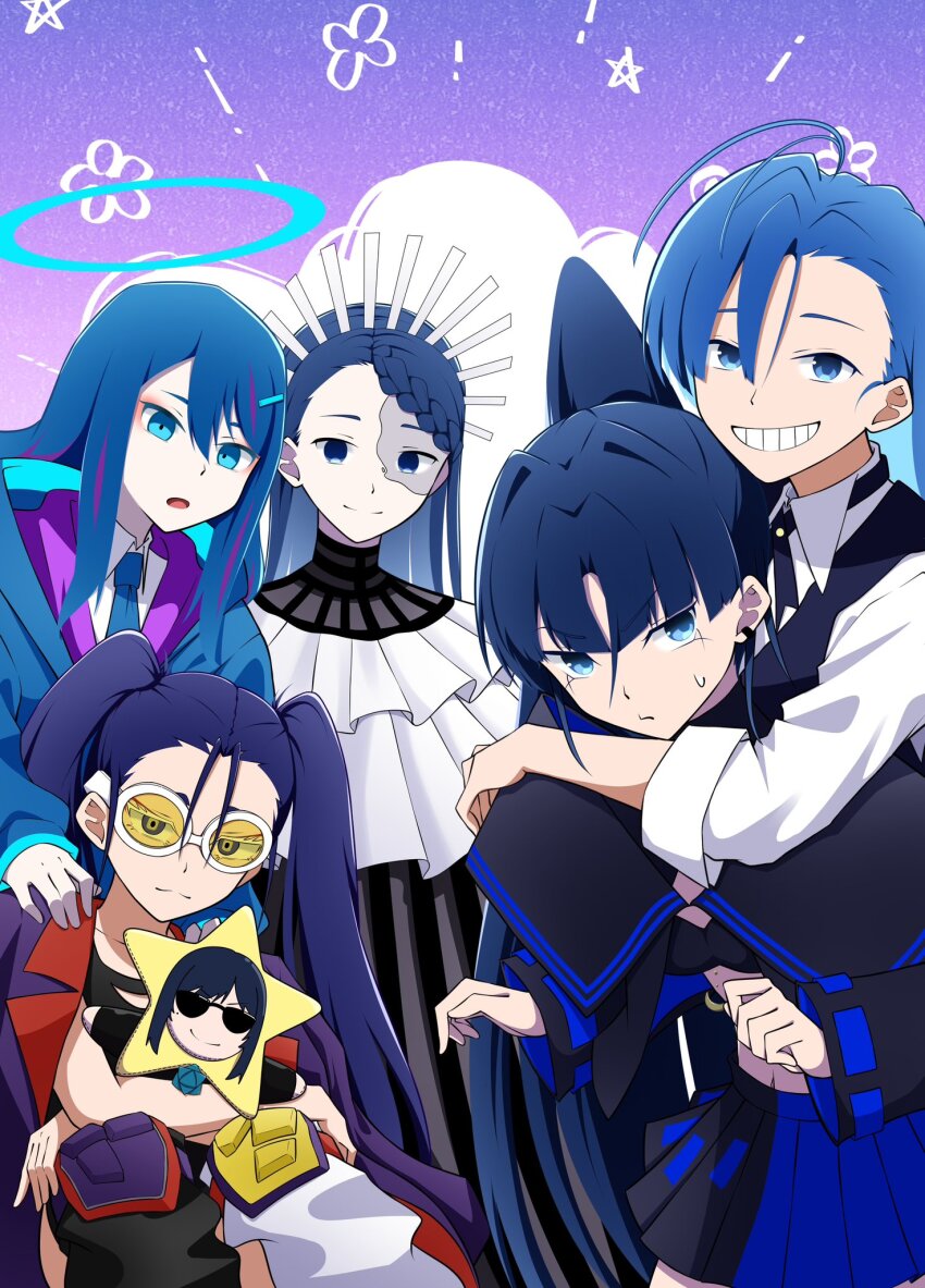 5girls ado_(utaite) ahoge bikini black_bikini black_dress black_ribbon black_skirt black_vest blue_eyes blue_hair blue_jacket blue_necktie blue_skirt braid braided_bangs breasts chando_(ado) character_doll cleavage closed_mouth commentary_request crown doll dress gira-gira-chan_(ado) gira_gira hair_between_eyes halo highres hug hug_from_behind jacket jacket_on_shoulders knee_pads long_hair long_sleeves looking_at_viewer merry_(ado) multicolored_hair multiple_girls naima_(ado) navel neck_ribbon necktie nori_(norinori_yrl) odo-chan_(ado) odo_(song) pleated_skirt ponytail purple_hair purple_jacket readymade_(ado) ribbon shirt skirt stomach streaked_hair sweatdrop swimsuit three-quarter_sleeves tinted_eyewear two-tone_skirt usseewa vest white_shirt yellow-tinted_eyewear yoru_no_pierrot yorupi-chan_(ado)