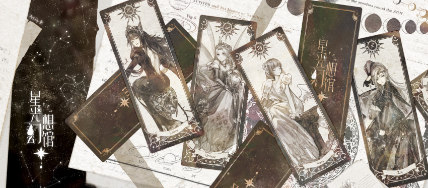4girls absurdres angel_wings aquarius_(symbol) aquarius_(zodiac) arrow_(projectile) artist_name backless_dress backless_outfit bare_back bow_(weapon) card_(medium) chinese_commentary circlet closed_mouth coiled commentary_request crown drawing_bow dress expressionless fairy_wings flower full_body gloves gown greyscale hair_flower hair_ornament half_gloves happy highres holding holding_arrow holding_bow_(weapon) holding_jar holding_weapon incredibly_absurdres jar juliet_sleeves lilith_(shining_nikki) lipstick long_dress long_hair long_sleeves looking_at_viewer makeup monochrome multiple_girls nikki_(nikki) nikki_(series) ophelia_(shining_nikki) paper puffy_short_sleeves puffy_sleeves sagittarius_(symbol) sagittarius_(zodiac) scorpio_(symbol) scorpio_(zodiac) shining_nikki short_sleeves sitting smile smirk stars_zhangzhang thorns tiara virgo_(symbol) virgo_(zodiac) watermark weapon white_background wings zodiac zoey_(shining_nikki)