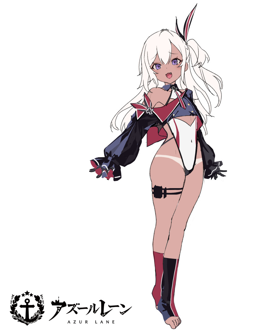 1girl :d azur_lane black_gloves blonde_hair blush concept_art covered_navel crop_top cross dark-skinned_female dark_skin fang full_body gloves hair_between_eyes hair_ribbon highres hip_focus iron_cross long_hair looking_at_viewer open_mouth purple_eyes ribbon sanze_(gokiburi_kirai) side_ponytail single_bare_shoulder smile solo standing striped_ribbon swimsuit tan tanline thigh_strap thighs u-31_(azur_lane) very_long_hair