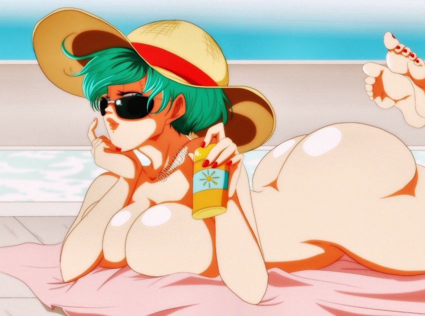 1girl ass blue_eyes blue_hair breasts bulma hat highres huge_ass looking_at_viewer lotion lying nail_polish nala1588 on_ground on_stomach pool sunglasses sunscreen tagme towel