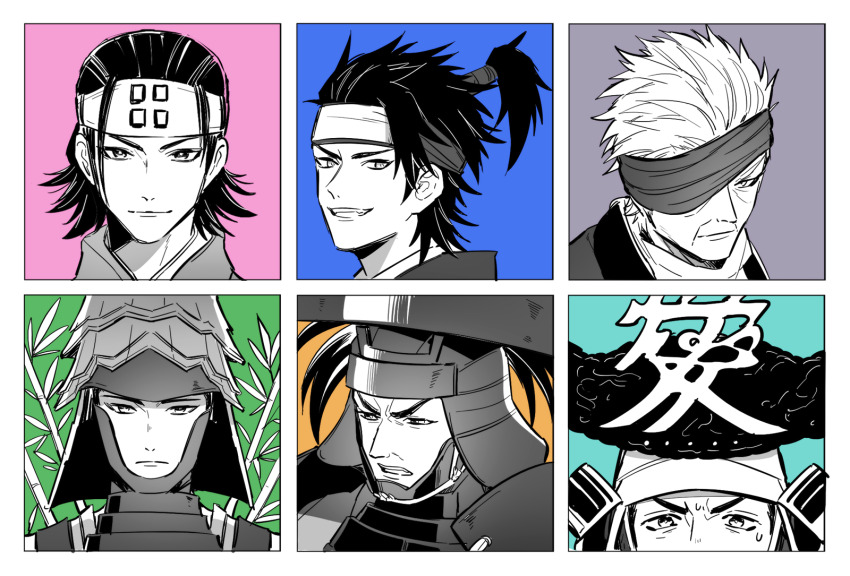 6+boys amago_haruhisa_(sengoku_basara) anegakoji_yoritsuna_(sengoku_basara) aqua_background armor bamboo blue_background border eyepatch green_background grey_background greyscale_with_colored_background grin headband helmet highres japanese_armor kabuto_(helmet) kkkaaaayyy looking_at_viewer male_focus multiple_boys nanbu_harumasa_(sengoku_basara) naoe_kanetsugu_(sengoku_basara) open_mouth orange_background out_of_frame pink_background portrait satake_yoshishige_(sengoku_basara) sengoku_basara short_hair smile sweat topknot utsunomiya_hirotsuna_(sengoku_basara) white_border