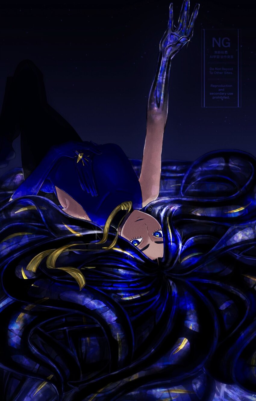 1girl big_hair black_hair black_pants blue_eyes blue_gloves blue_shirt breasts closed_mouth commentary_request eyelashes geeta_(pokemon) gloves highres long_hair looking_at_viewer lying nintendo on_back oysm_tmwrchan pants pokemon pokemon_sv shirt sleeveless sleeveless_shirt solo twitter_username unworn_gloves watermark