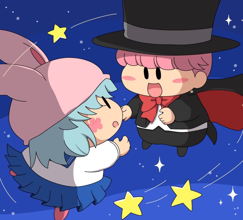 1boy 1girl back bishoujo_senshi_sailor_moon black_cape black_hat black_jacket blue_skirt blush_stickers bow bowtie cape commentary_request cosplay grey_hair hat jacket koyamaru3 looking_at_another mini_person miniboy minigirl mirumo_de_pon! murumo night night_sky nightcap open_mouth papii_(mirumo_de_pon!) pink_hat red_bow red_bowtie sailor_moon sailor_moon_(cosplay) school_uniform skirt sky smile solid_oval_eyes star_(sky) top_hat tuxedo_kamen tuxedo_kamen_(cosplay)