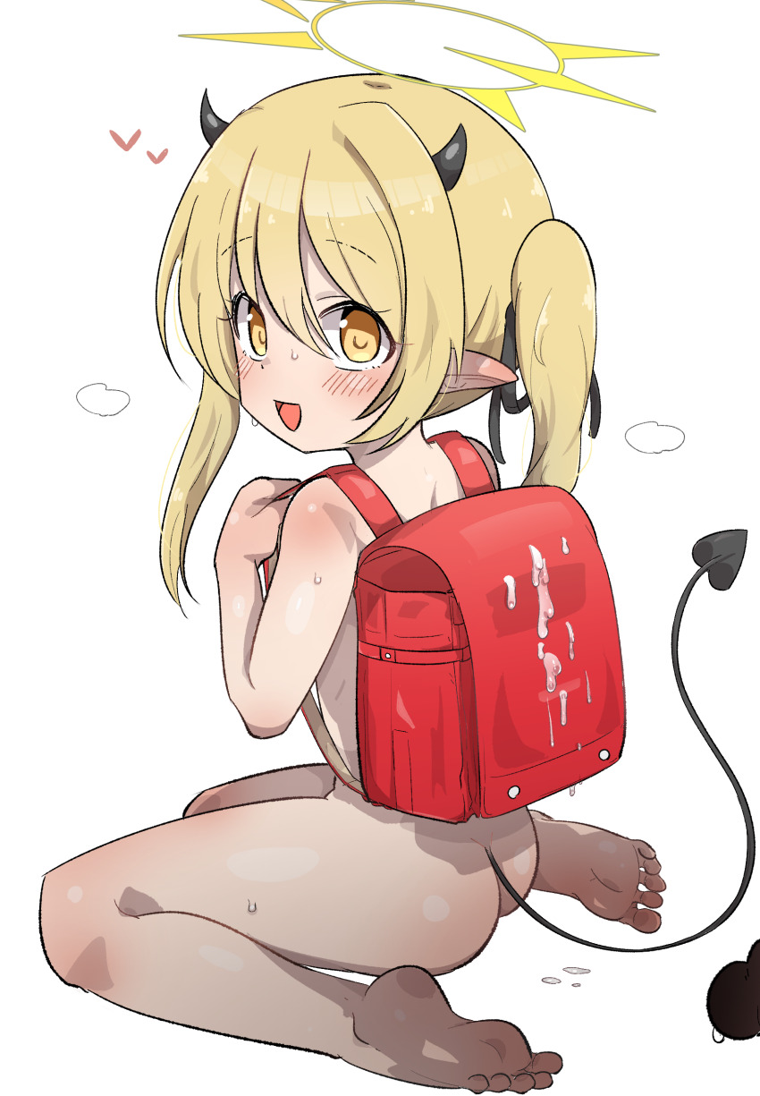 1girl absurdres ass backpack bag barefoot black_horns blonde_hair blue_archive blush commentary_request completely_nude cum cum_on_object demon_horns demon_tail feet from_side halo heart highres holding_strap horns ibuki_(blue_archive) loli long_hair looking_at_viewer looking_to_the_side nude open_mouth pointy_ears randoseru simple_background sitting small_horns smile soles solo sweat tail taitanic6242 tareme twintails wariza white_background yellow_eyes yellow_halo