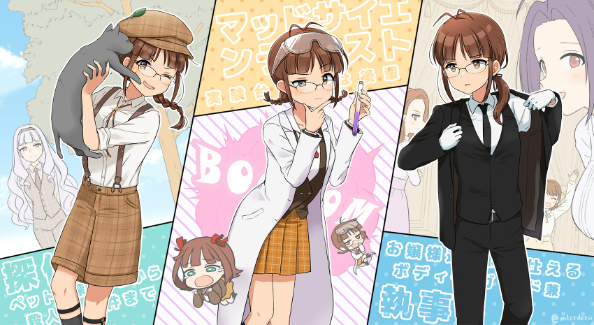 6+girls akizuki_ritsuko amami_haruka animal antenna_hair arms_behind_back black_jacket black_necktie black_pants black_vest blue_hair blunt_bangs braid breasts brown_hair brown_skirt brown_vest buttons cat chibi closed_mouth collared_shirt curtained_hair dot_nose eyelashes formal_clothes futami_ami glass grey_hair hair_ribbon hairband hand_on_own_chin hat highres holding holding_animal holding_cat holding_test_tube idolmaster idolmaster_(classic) idolmaster_million_live! idolmaster_million_live!_theater_days jacket lab_coat leaf leaf_on_head light_blush long_hair medium_breasts medium_hair merukyara minase_iori miura_azusa multiple_girls multiple_views necktie one_eye_closed open_mouth pants parted_lips plaid_clothes plaid_hat plaid_pants plaid_skirt plaid_vest pleated_skirt ponytail red_eyes red_ribbon ribbon shijou_takane shirt short_hair shorts sidelocks single_braid skirt sleeves_rolled_up striped_background suit suspender_shorts suspenders sweatdrop tearing_up test_tube translation_request twin_braids twitter_username very_long_hair vest wavy_hair white_shirt