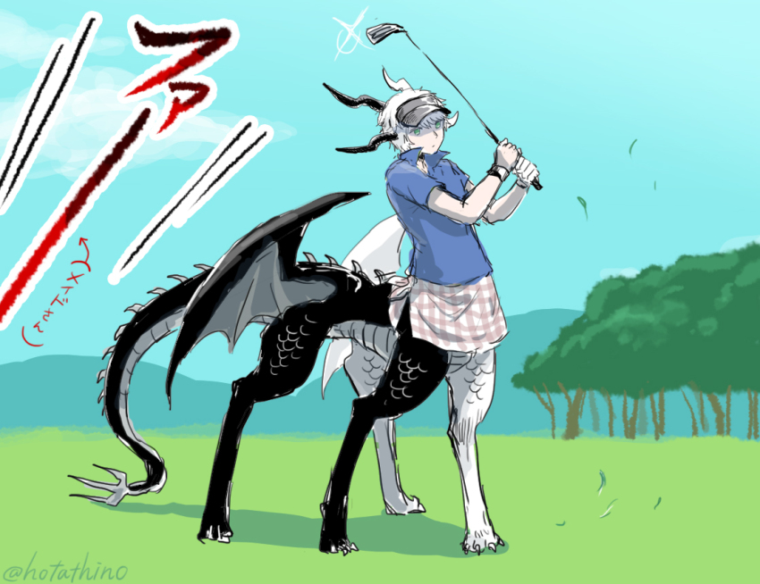 1boy blue_shirt blue_sky centauroid claws commentary_request dragon_boy dragon_horns dragon_wings full_body golf golf_club green_eyes holding holding_golf_club horns hotathino male_focus monster_boy multiple_horns original outdoors shirt short_hair sky solo standing taur translation_request white_hair wings