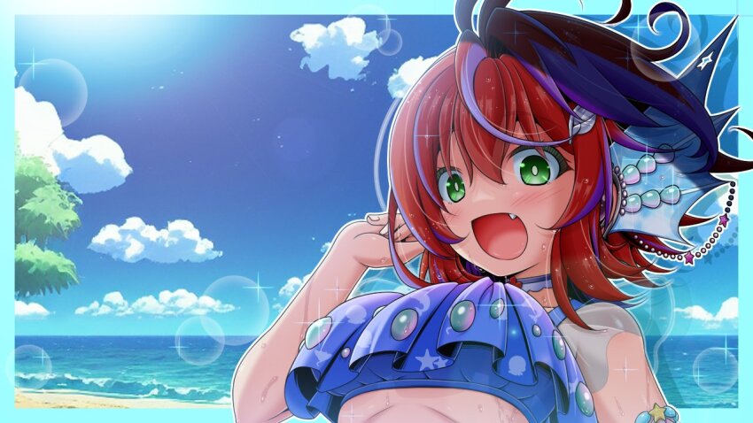 1girl :d akane_canna alternate_costume antenna_hair beach bikini blue_bikini blue_border blue_sky blush border breasts cloud commentary_request day fang fins frilled_bikini frills green_eyes hair_between_eyes head_fins heart horizon large_breasts looking_at_viewer miso_panda multicolored_hair nanashi_inc. ocean open_mouth outside_border purple_hair red_hair short_hair sky smile solo streaked_hair sun swimsuit textless_version two-tone_hair upper_body virtual_youtuber