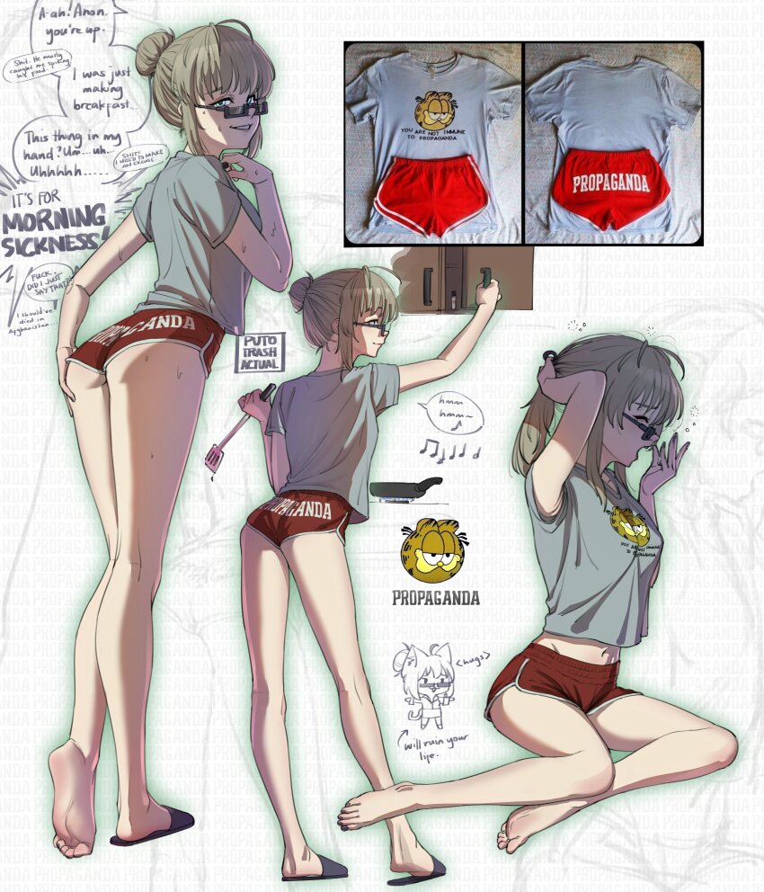 absurdres animal_ear_fluff animal_ears barefoot breasts cat_ears chibi chibi_inset commentary english_commentary english_text frying_pan garfield garfield_(character) grey_shirt gym_shorts hair_behind_ear hair_bun hand_on_own_ass highres holding holding_spatula medium_breasts open_mouth original parted_lips profanity puto_trash red_shorts shirt shorts single_hair_bun soles spatula speech_bubble sunglasses sweat yawning