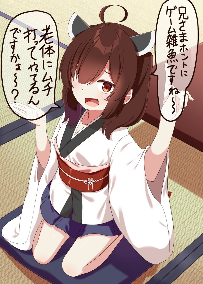 1girl :d ahoge blunt_bangs brown_hair chaakusu commentary_request cushion fang flat_chest from_above full_body hair_over_one_eye hair_over_shoulder hands_up headgear highres indoors japanese_clothes kimono long_bangs looking_at_viewer medium_hair obi obiage obidome obijime on_cushion open_mouth pleated_skirt pointing pointing_up red_eyes red_sash sash sitting skirt smile solo speech_bubble table tatami touhoku_kiritan twintails voiceroid wariza white_kimono wide_sleeves zabuton