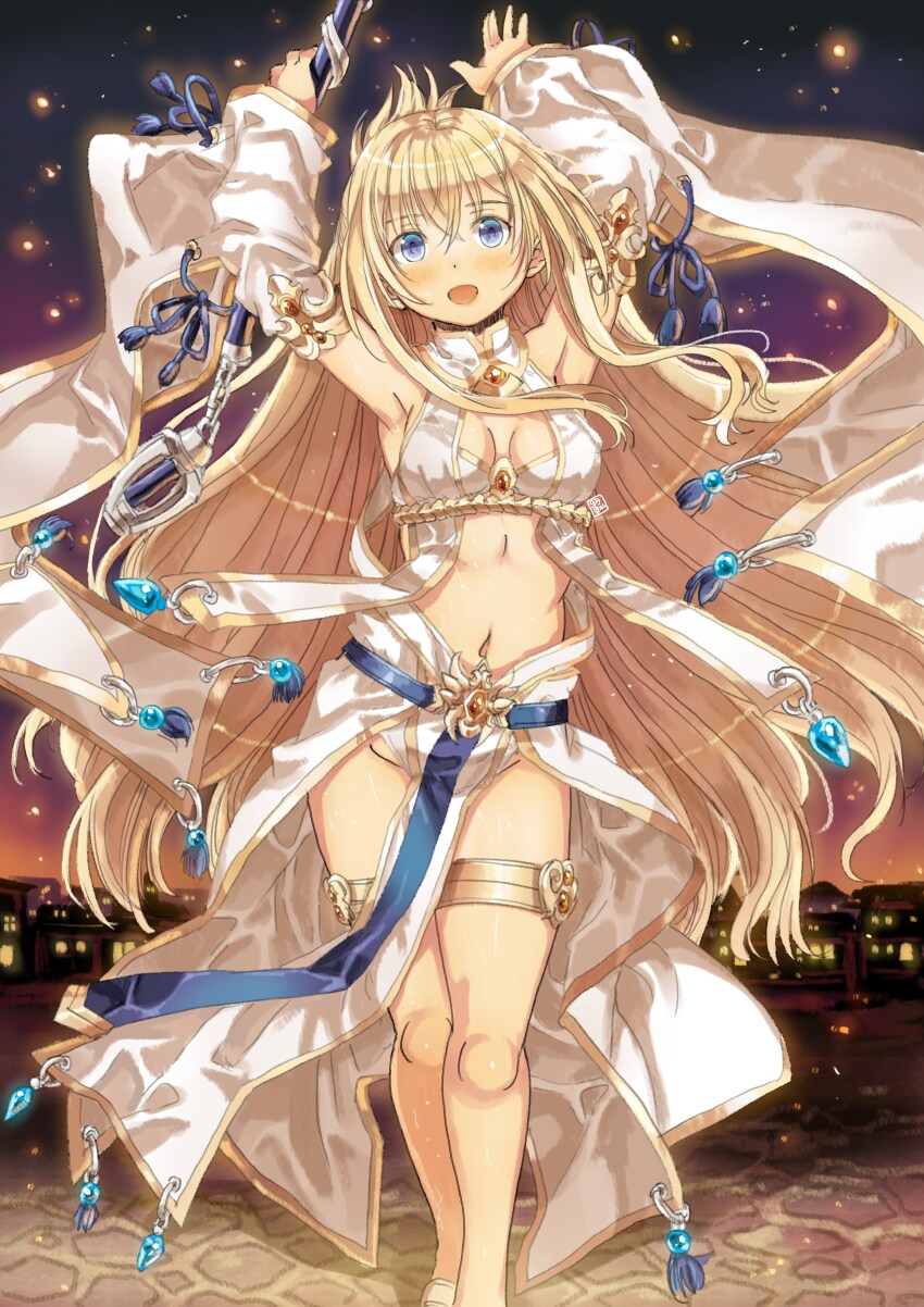 1girl absurdres armpits arms_up blonde_hair blue_eyes breasts commentary_request detached_sleeves garimpeiro goblin_slayer! harem_outfit highres holding holding_mace holding_weapon long_hair mace medium_breasts navel night night_sky official_alternate_costume open_mouth outdoors priestess_(goblin_slayer!) revealing_clothes sky smile solo stomach thigh_strap very_long_hair weapon