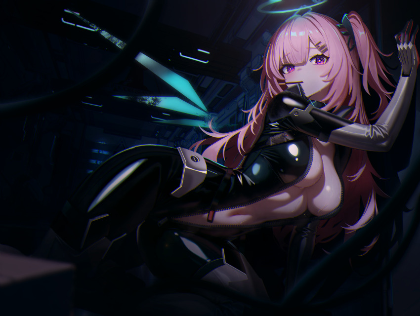 1girl absurdres ambriel_(arknights) arknights black_bodysuit bodysuit breasts cleavage commentary commission cowboy_shot detached_wings energy_wings food food_in_mouth from_below front_zipper full-length_zipper gloves hair_between_eyes hair_ornament hairclip halo highres infection_monitor_(arknights) latex latex_bodysuit long_hair looking_at_viewer medium_breasts midriff mouth_hold navel open_bodysuit open_clothes pink_eyes pink_hair pixiv_commission pocky pocky_in_mouth shiny_clothes side_ponytail skin_tight solo sweat sweatdrop traditional_halo unzipped wings xiaomai_guozhi zipper