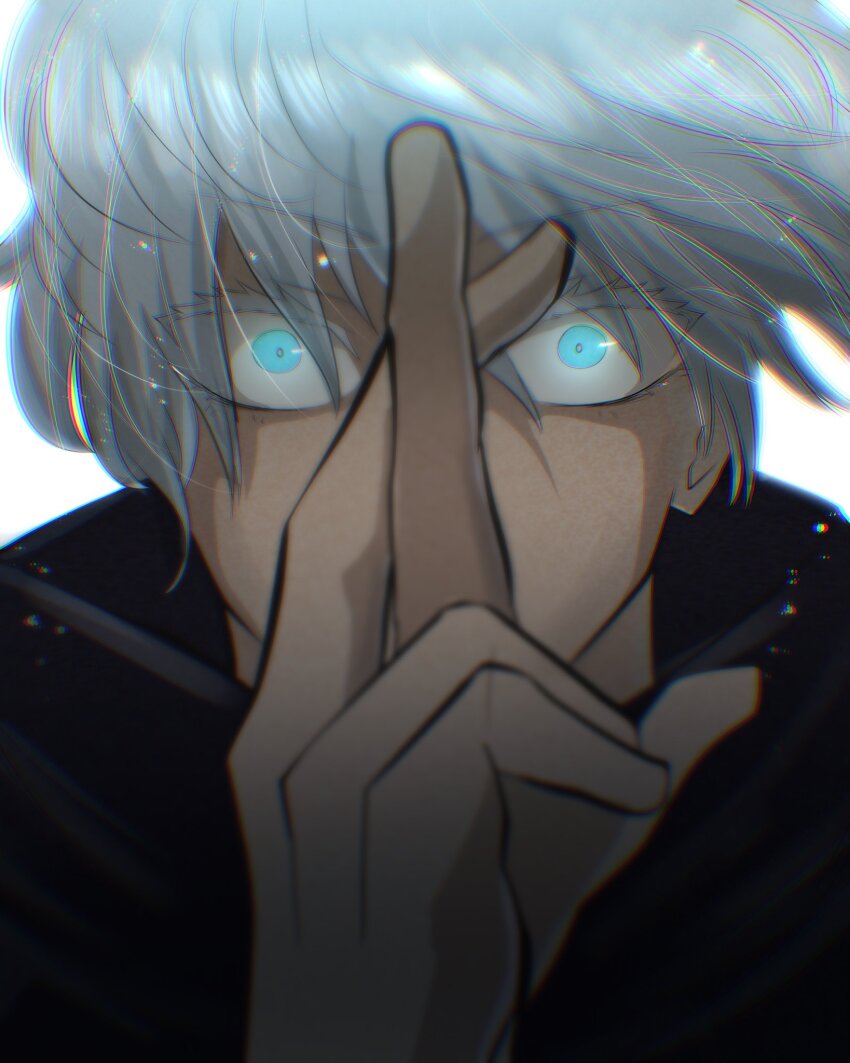 1boy blue_eyes bright_pupils close-up colored_eyelashes gojou_satoru hair_between_eyes hand_up high_collar highres jujutsu_kaisen jujutsu_tech_uniform looking_at_viewer male_focus portrait solo thatamaan white_eyelashes white_hair